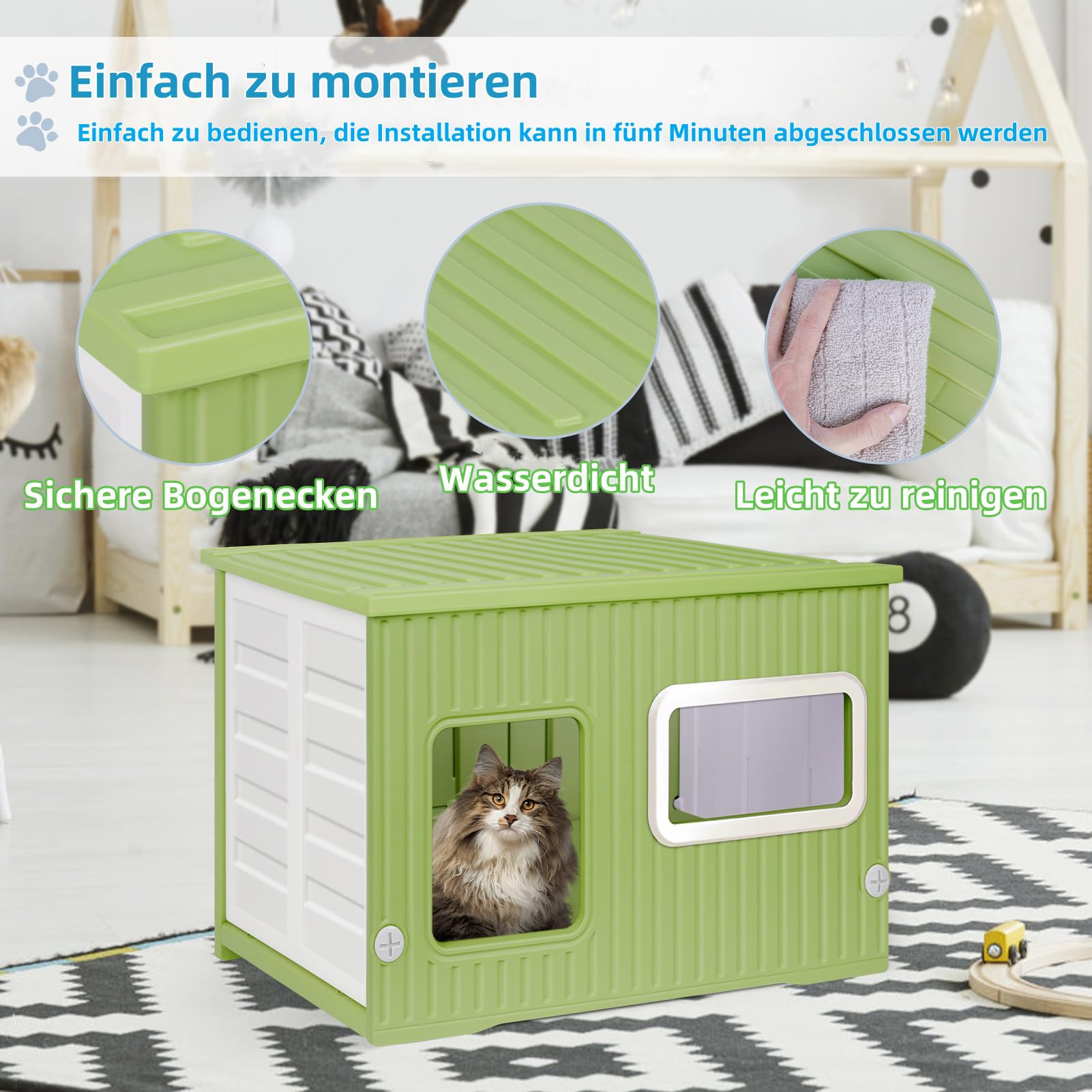 Kunststoff-Katzenhaus für Drinnen und Draußen mit Doppelseitigem Kissen Wetterfestes Katzenhaus für alle Jahreszeiten Geeignet(Grün und Weiß, 56 * 38 * 36)