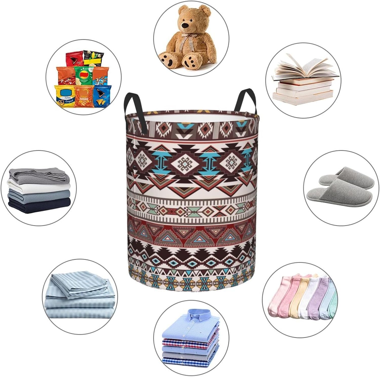 Ethnic Native American Aztec Boho Laundry Hamper with Durable Handle Waterproof Collapsible Laundry Basket Circular Storage Bin Dirty Clothes Bag for Bedroom Children Nursery Bathroom