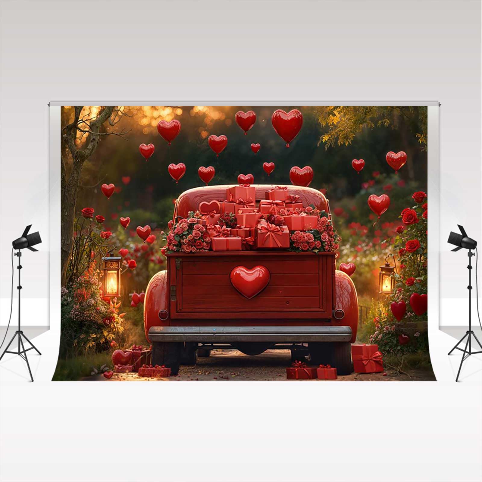 Kate Fotohintergrund zum Valentinstag 3x2.5m/10x8Fuß roter LKW Herzen Luftballons Rosen Geschenk Mädchen Geburtstagsparty Dekoration Banner Familienporträt Fotohintergrund