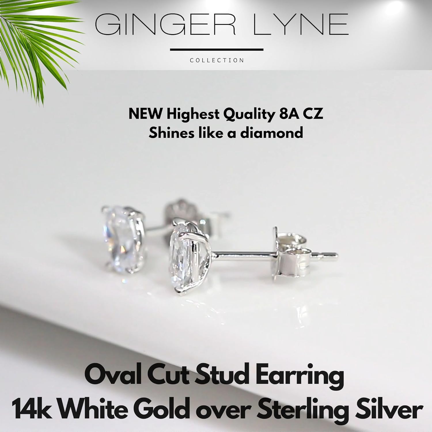Faux Diamond Stud Earrings For Women 6mm Oval Cut 14k White Gold Plated Sterling Silver 1ct Cubic Zirconia Earring Studs for Her by Ginger Lyne Pierced Minimalist Jewelry - Image 3