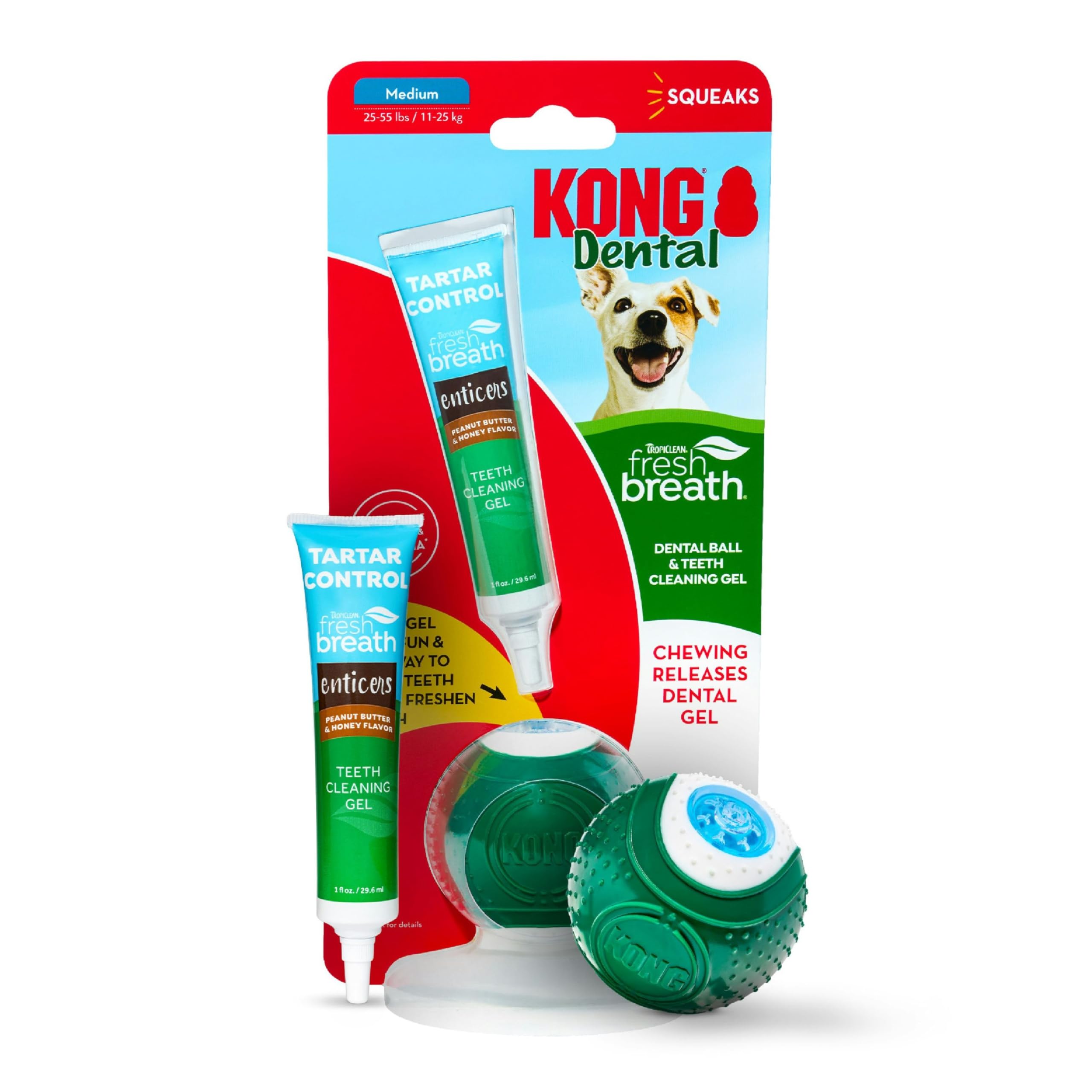 TropiClean Fresh Breath - Kong Dental Ball for Medium Dogs - Dog Teeth Cleaning Kit - Removes Plaque - Peanut Butter & Honey Dog Toothpaste, 1oz