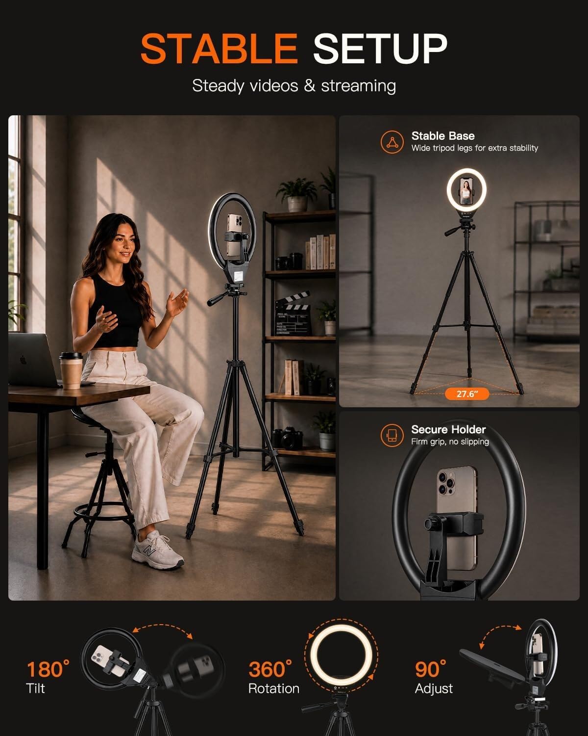 Ringlicht mit Ständer, 127 cm (50 Zoll) Handy-Stativ für iPhone und Android, LED-Ringlicht mit Fernbedienung, 3 Farbmodi und 10 Helligkeitsstufen für TikTok, Zoom und Videoaufnahmen