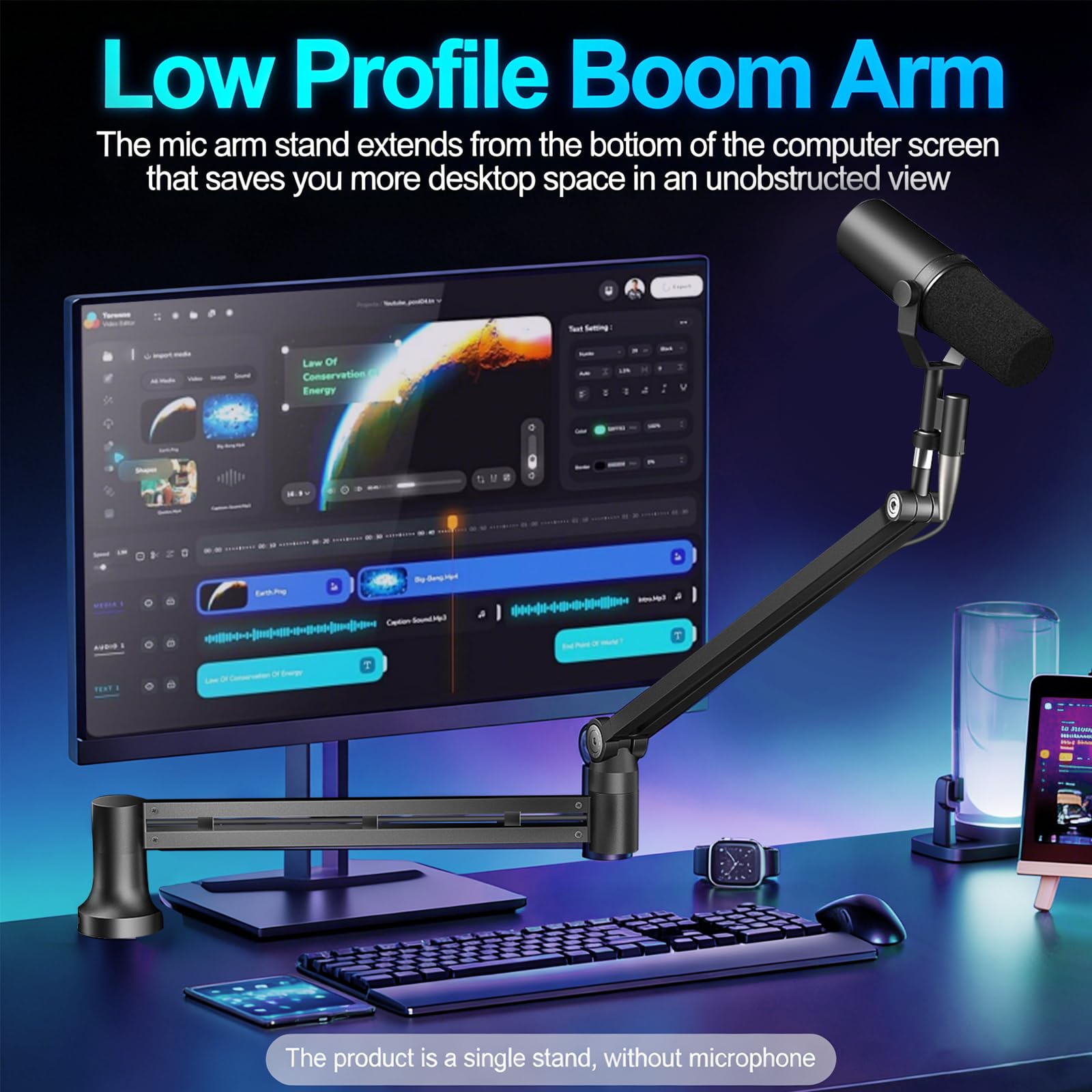 Brazo de Micrófono a Bajo Perfil – Negro, Carga 2kg, Abrazadera 7cm | Compatible con Blue Yeti, Adaptadores 3/8" & 5/8" Incluidos, para Streaming, Podcast & Gaming
