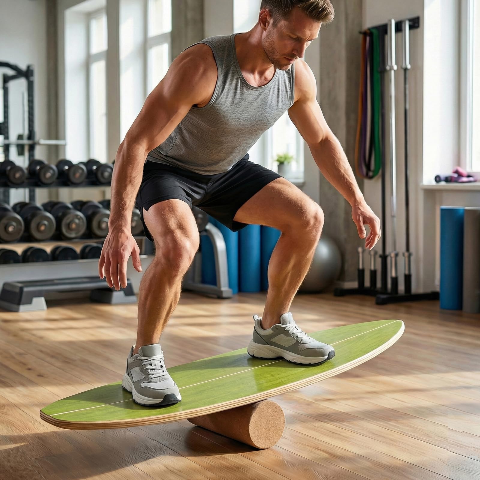 FANTASK Surf Balance Board, Gleichgewichtstrainer mit Korkrolle & Halterung, FSC-Zertifiziert, Stabilitätstrainer aus Birkenholz, Balanceboard bis 150 kg Belastbar, Surfboard Indoor für Erwachsene