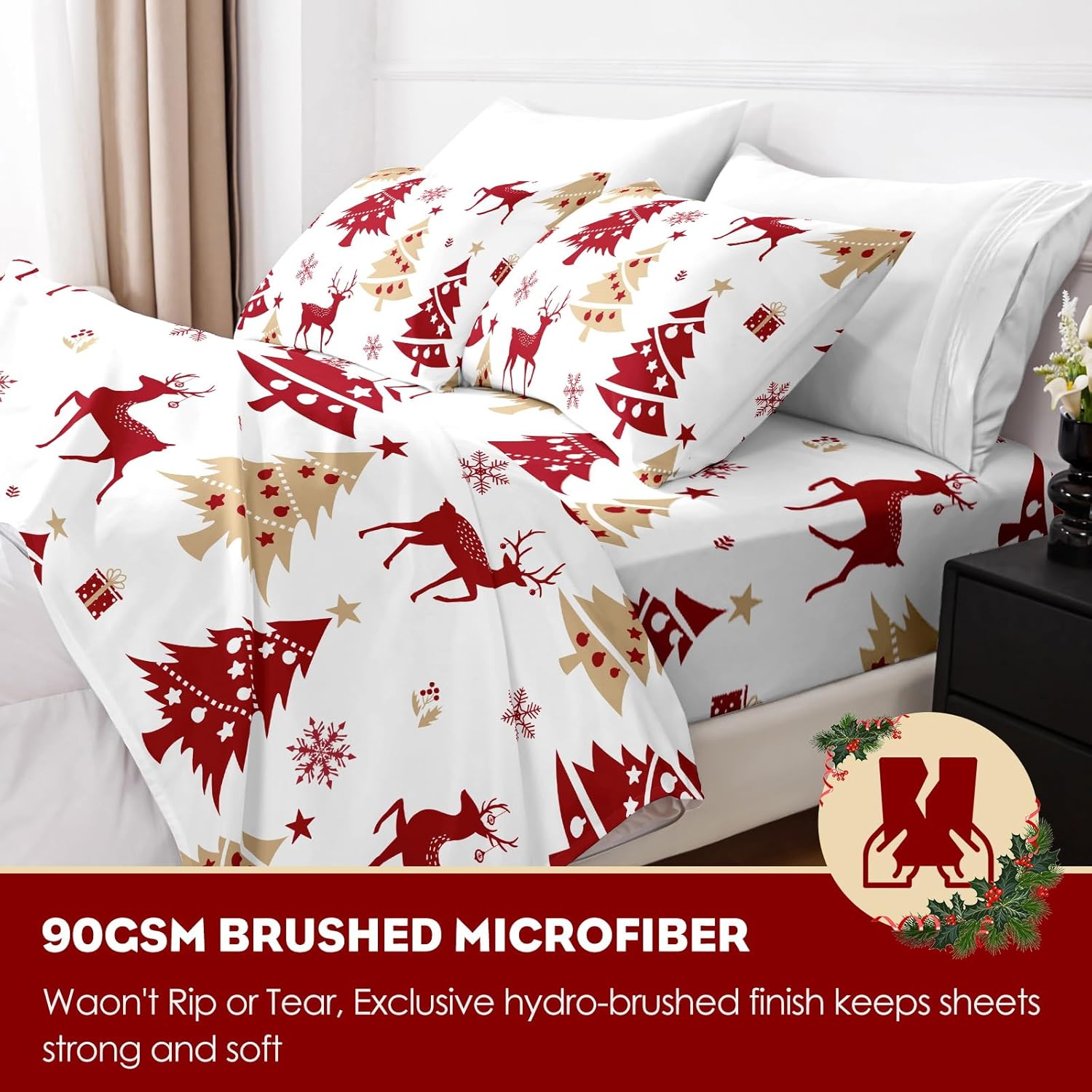 Christmas King Size Sheets Set, Luxury 1800TC Hotel Quality Double Brushed Microfiber Deep Pocket Bed Sheets, Ultra Soft, Breathable, 4PC, King