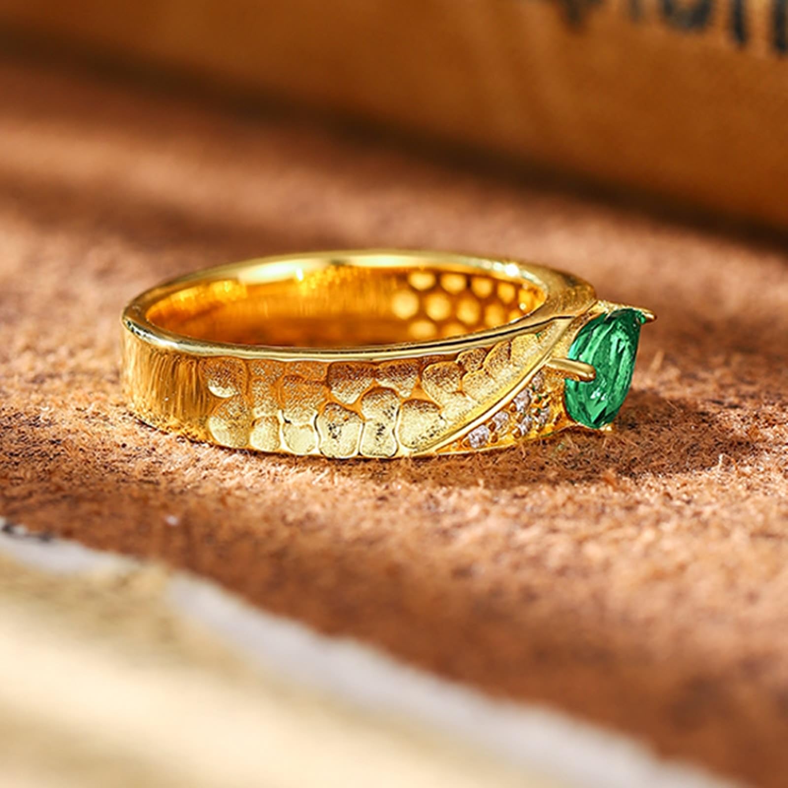Bague de demande en or jaune 9 K/14 K/18 carats - Créée en laboratoire - Feuille d'émeraude - Véritable bijou moissanite - Au750/585/375 - Taille 47-70