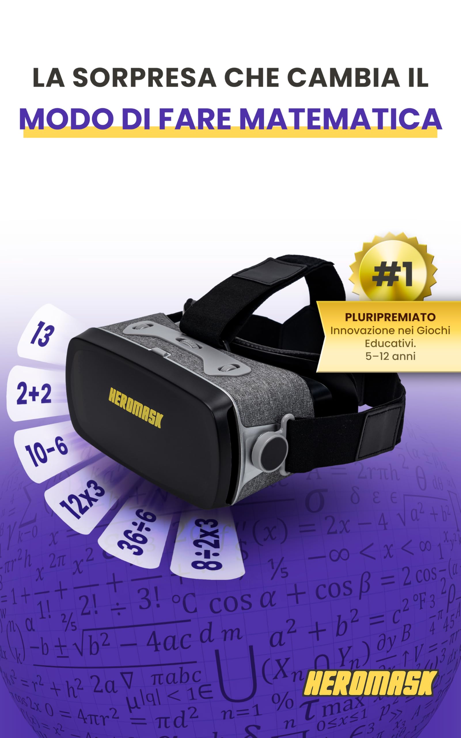 Visore Realtà Virtuale Bambini 5-12 + Giochi Matematica Heromask — Regalo educativo che trasforma la matematica in gioco: guardali sorridere mentre fanno tabelline e calcoli in VR 3D