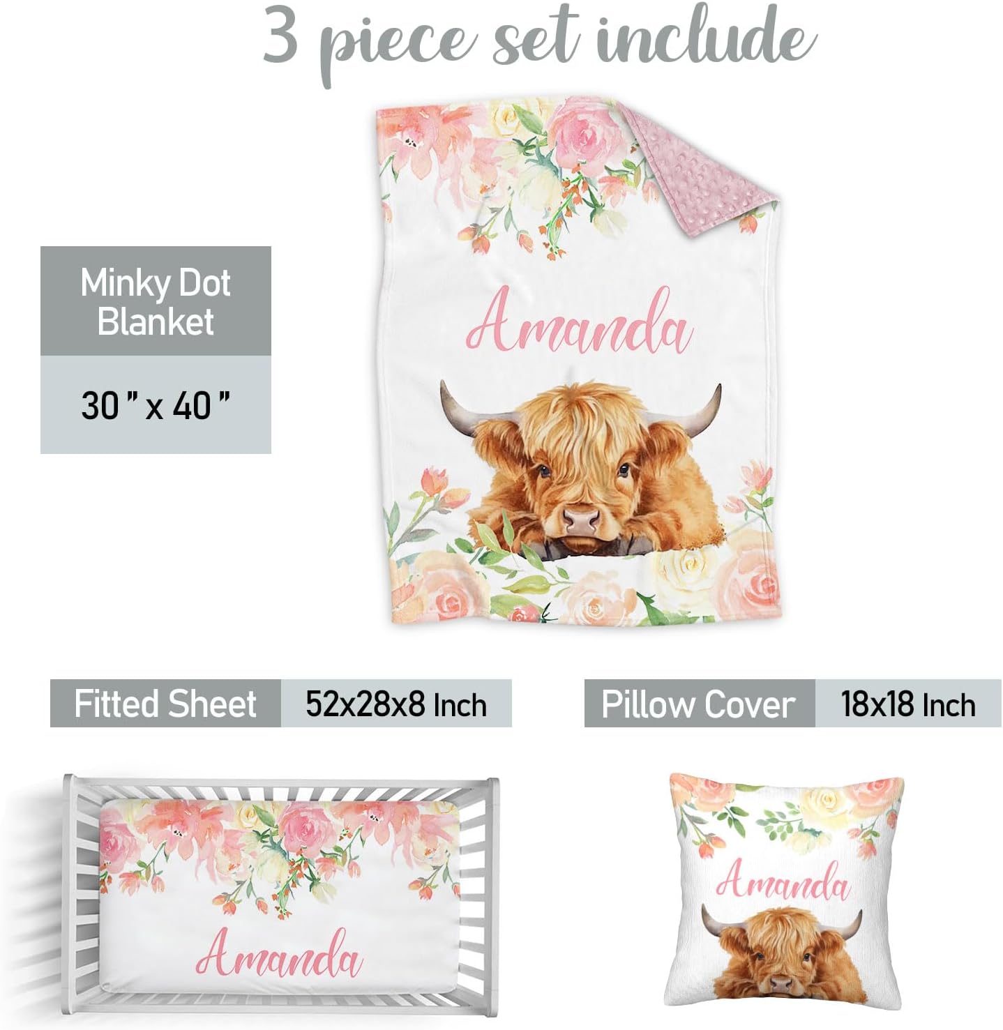 Custom Crib Bedding Set for Baby Girls, Personalized Highland Cow Baby Crib Sets with Name, Dotted Backing Blanket, Fitted Sheet, Pillowcase, 3 Piece Nursery Crib Set for Newborn Infant Toddler
