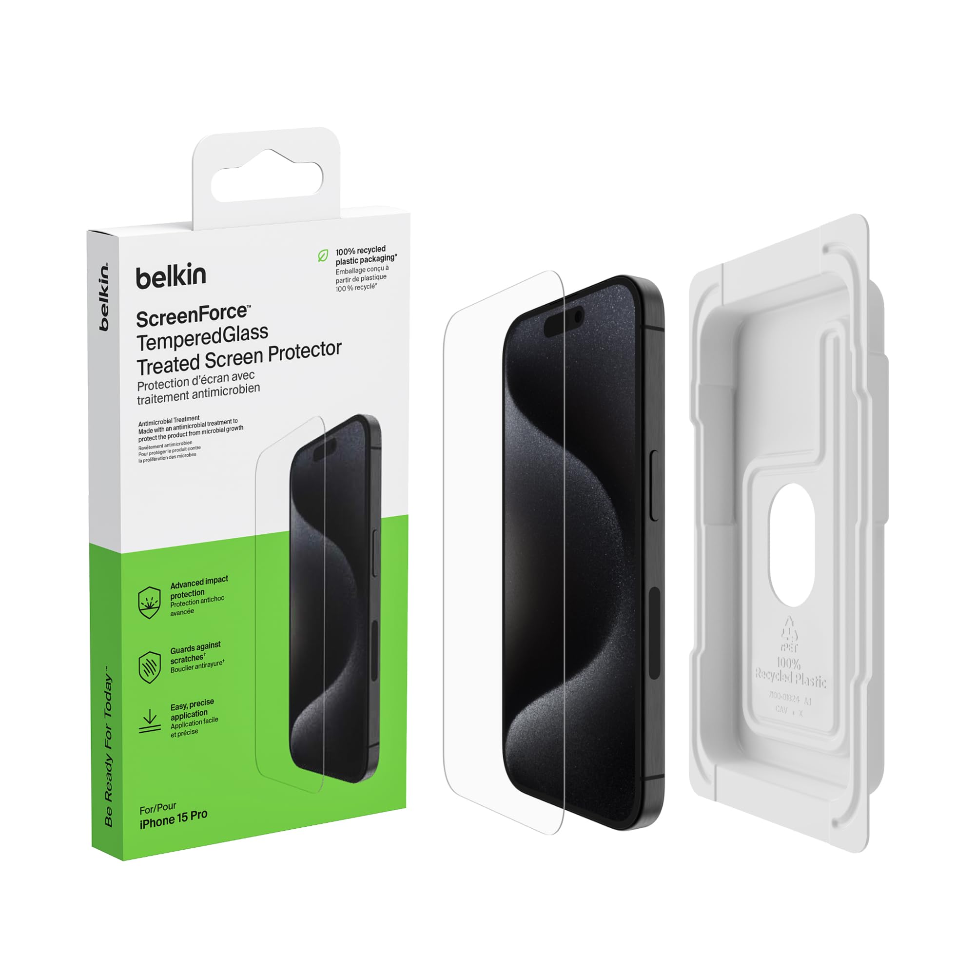 Belkin ScreenForce TemperedGlass Powlekane szkło ochronne, hartowane do iPhone’a 15 Pro, cienkie, przejrzyste, odporne na zarysowania, z ramką Easy Align do mocowania bez pęcherzyków powietrza