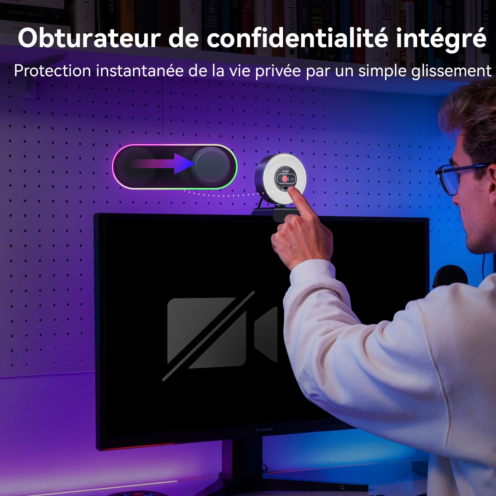 eMeet Webcam 4K S600L, 4 Modes d'éclairage, Effet Arc-en-Ciel, Capteur 1/2", Imagerie IA, PDAF 0,2 s, 2 Microphones, Molette de Réglage, Webcam 4K avec Lumière pour OBS/Twitch/Youtube/Zoom/PC/Mac
