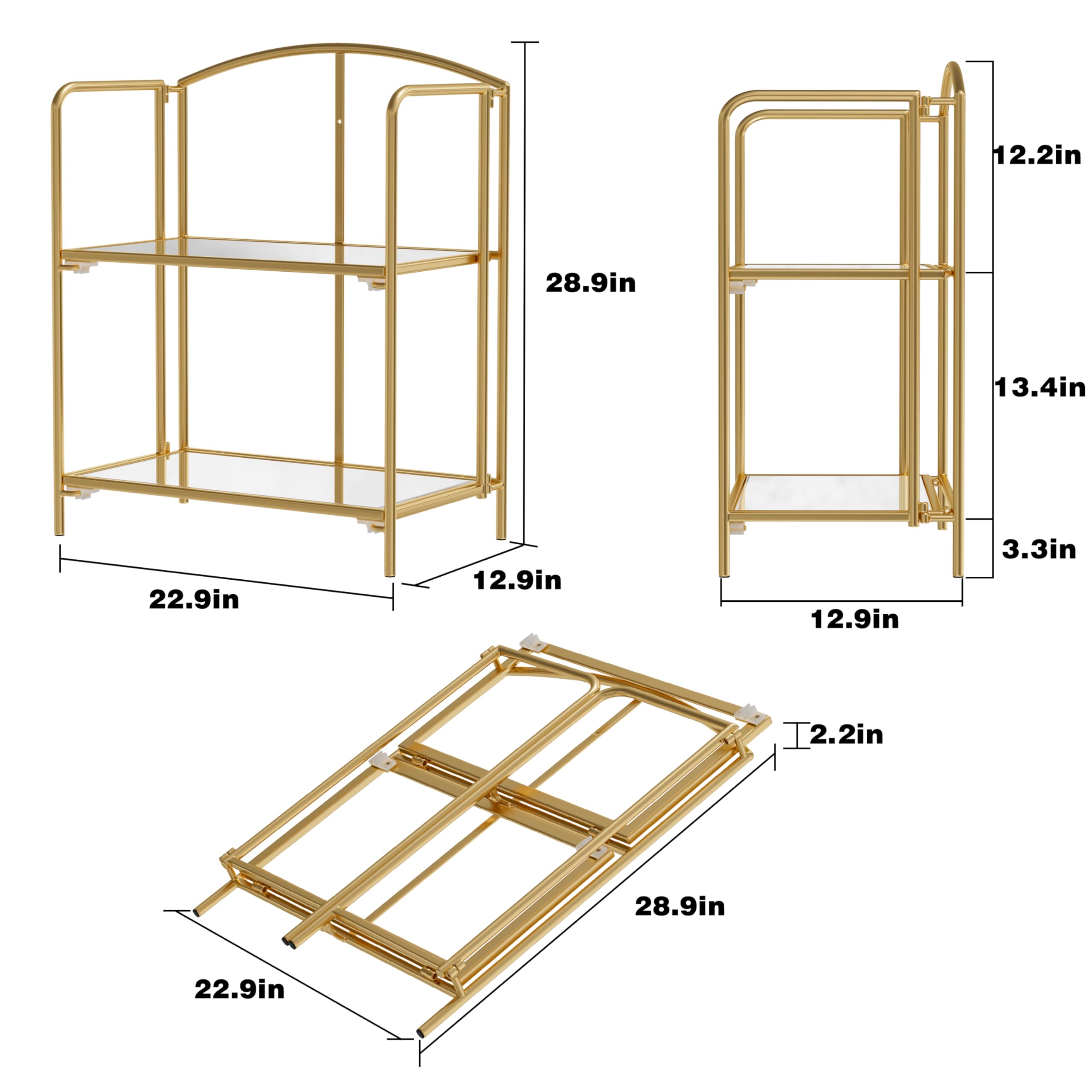 Crofy No Assembly Folding Bookshelf for Living Room, 3 Tier Gold Collapsible Book Shelf for Home Office, Portable Bookcase Storage Organizer: Gold Frame & Transparent Shelf 2 Tier