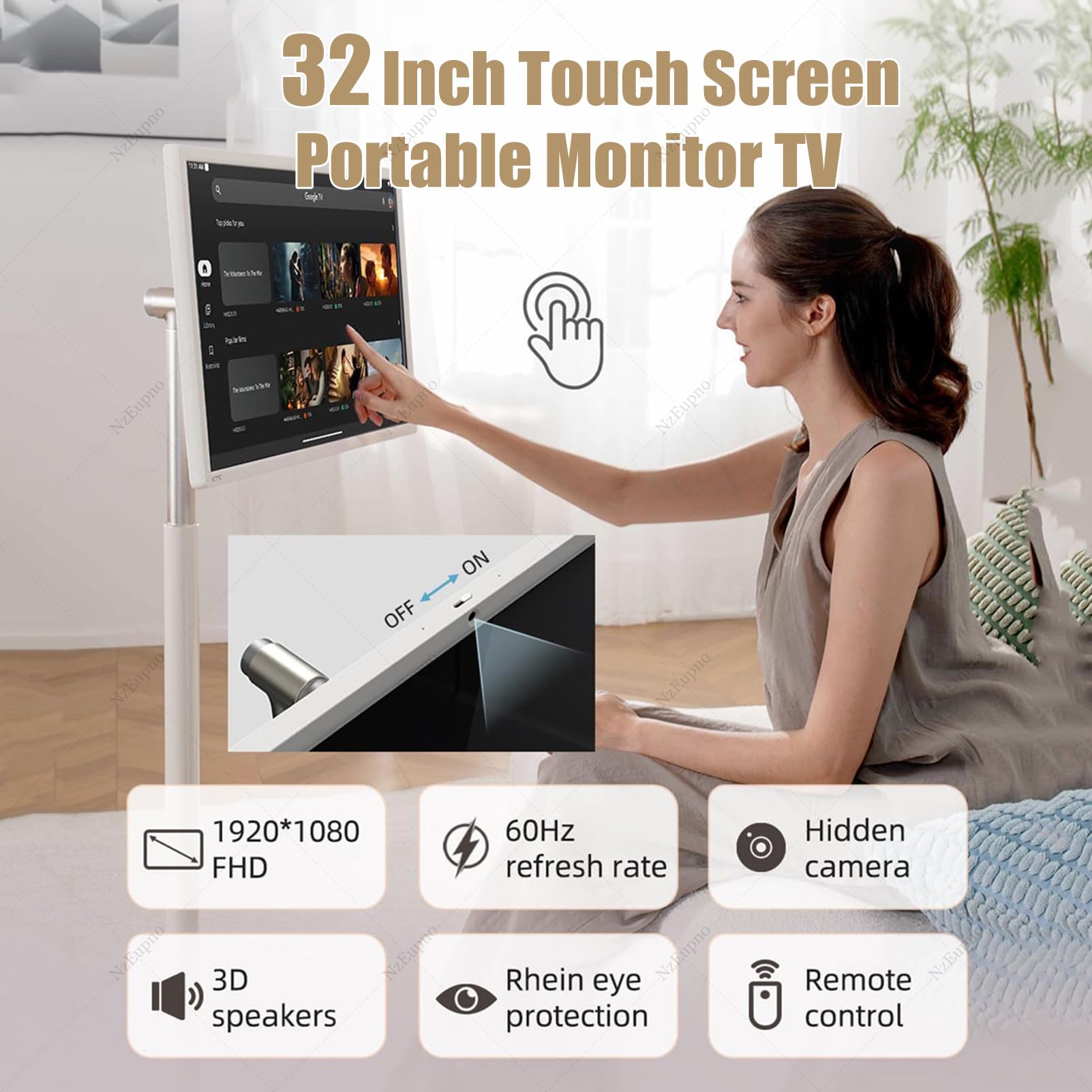 Monitor Intelligente Portatile Girevole con Telecomando, TV Touch Screen su Ruote, Supporto Regolabile per Uso Domestico e in Ufficio