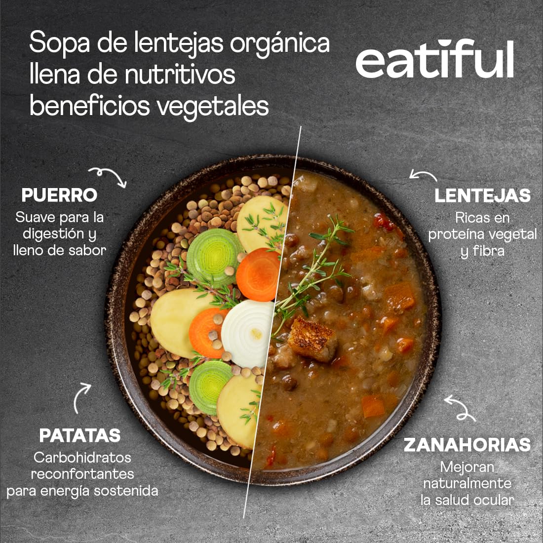 EATIFUL Sopa de Lentejas, Elaborada con Verduras Orgánicas, Sopa con Lentejas Verdes, Rojas y Marrones, Sin Conservantes ni Azúcares Añadidos, Sin Gluten, NO GMO, 400g (Paquete de 5)