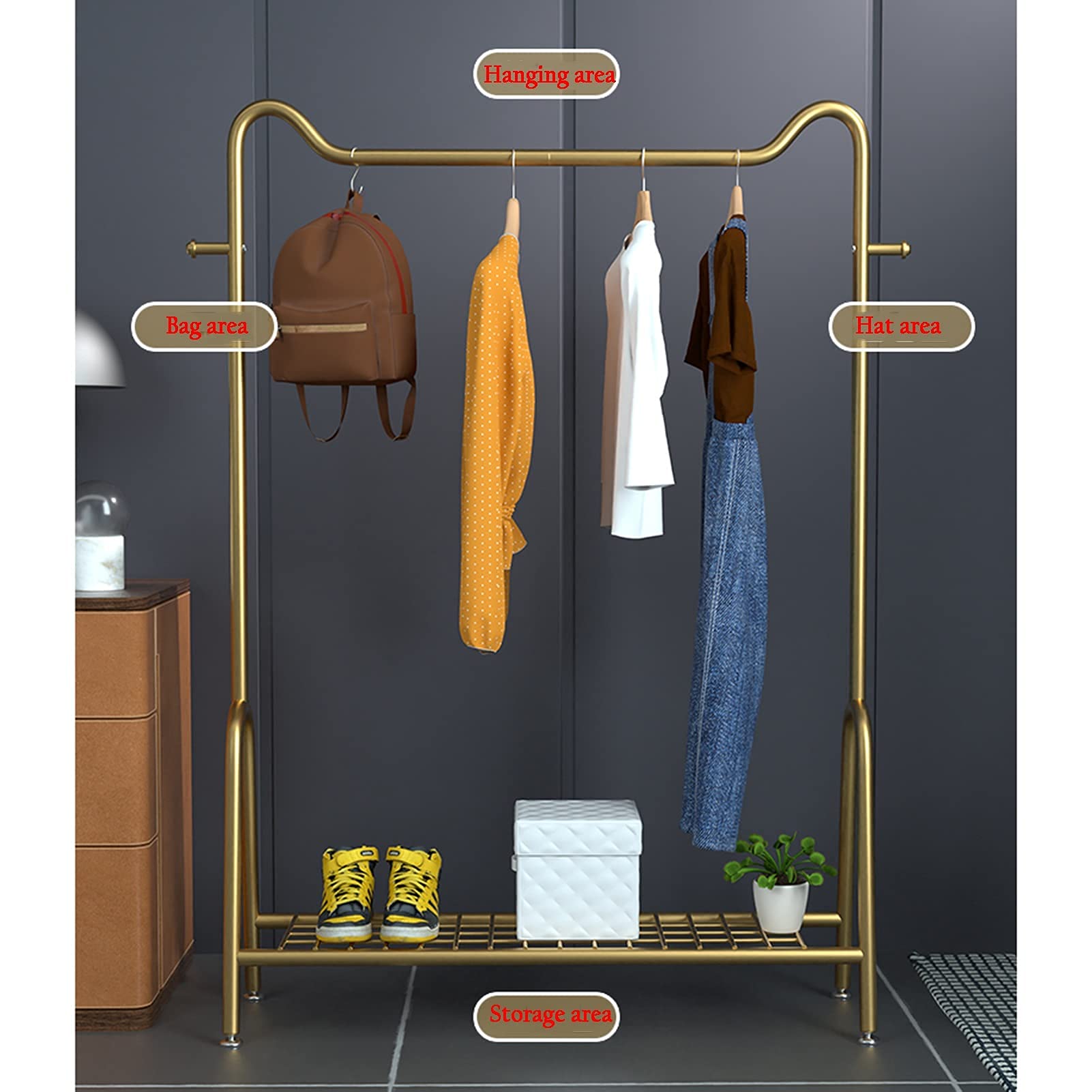 Garderobenständer Kleiderständer aus Metall im nordischen Stil Kleiderständer mit unterem Ablagefach Aufhänger strapazierfähige Kleiderstange für den Heim-/Einzelhandelsgebrauch Golden (Size : 100x3