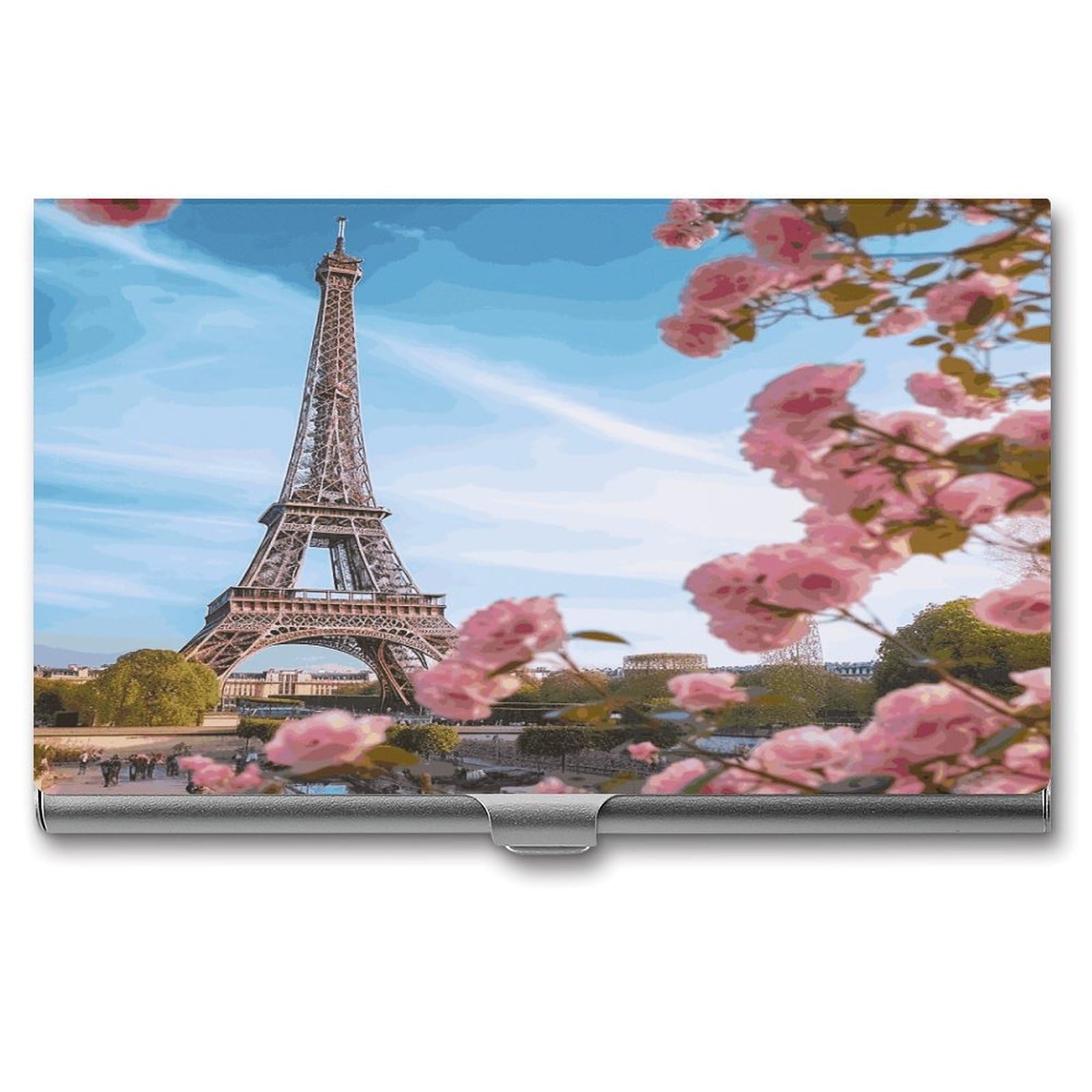 LDGSUPH Paris Eiffel Tower with Flowers Business Card Holder Fashion Slim Name Card Holder Minimalist Design Case Metal Card Carrier Personalized Business Card Case with Flip for Men Women