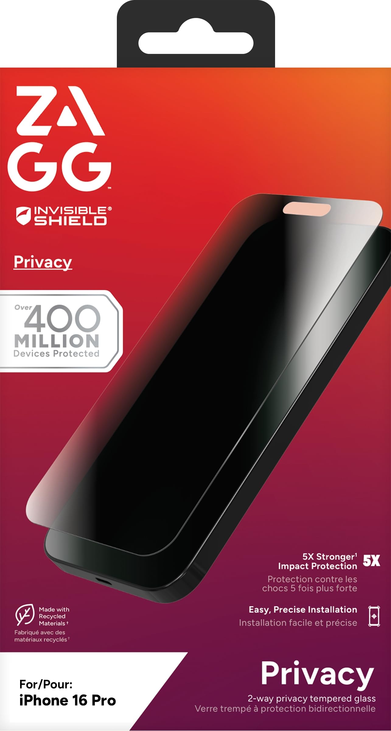 ZAGG InvisibleShield Glass Elite Privacy Vetro Temperato per iPhone 16 Pro [6,3 pollici], Protezione Privacy, Compatibile con Custodie, Resistente a Impronte e Graffi, Antiurto (Nero)