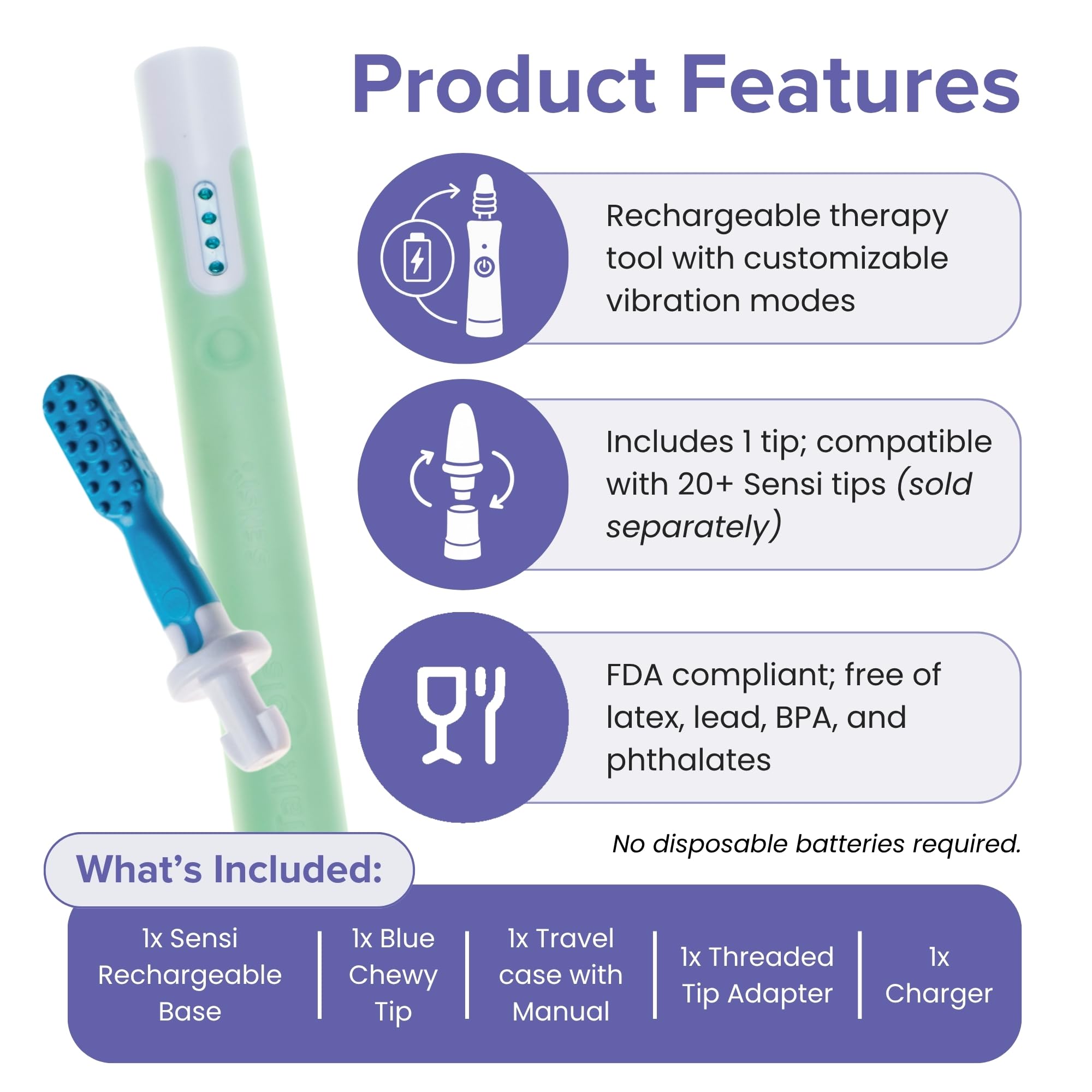 TalkTools Sensi recargable - Herramienta de terapia sensorial para habla y alimentación, productos sensoriales para autismo, herramientas para TDAH, regalos de terapia del habla para niños con autismo