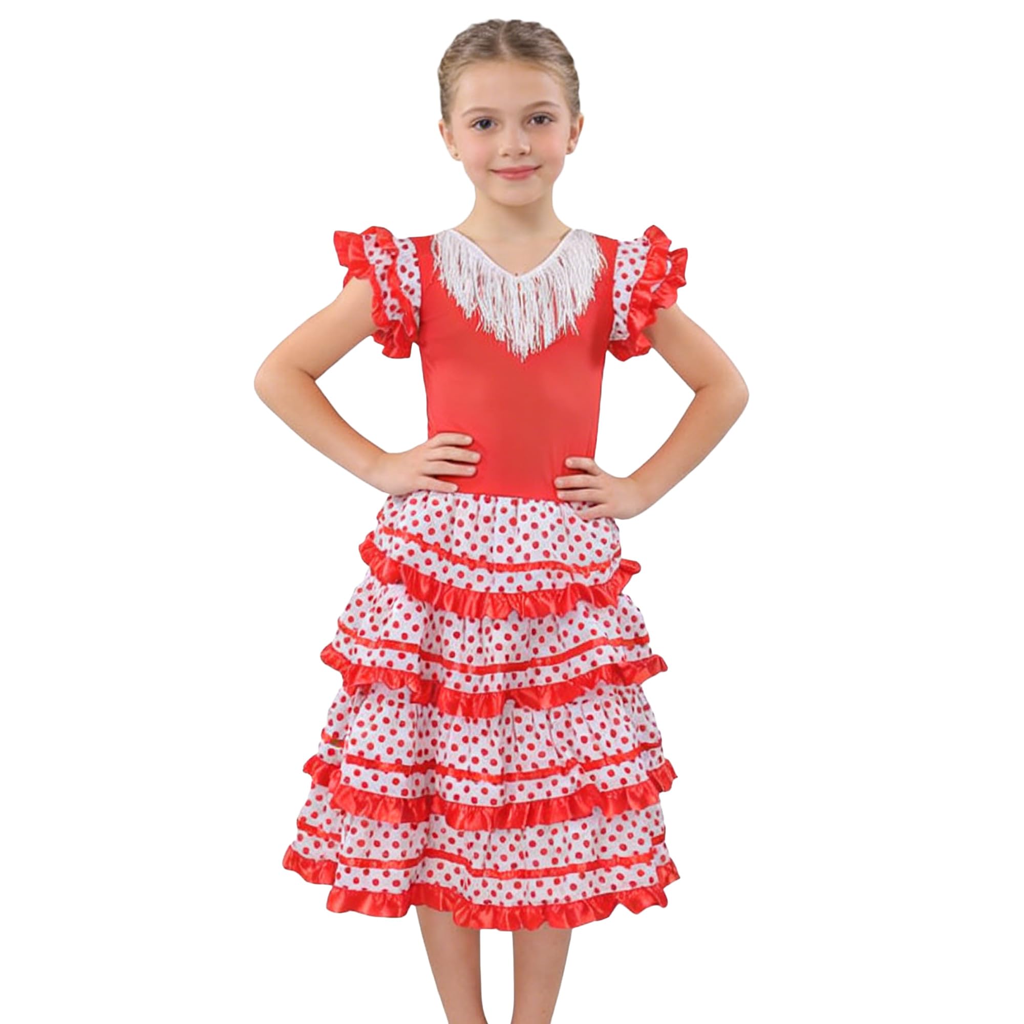 Wildarms Disfraz de Sevillana Niña - Vestido Flamenca Infantil con Volantes y Lunares - Traje Tradicional Andaluz para Feria, Carnaval y Baile