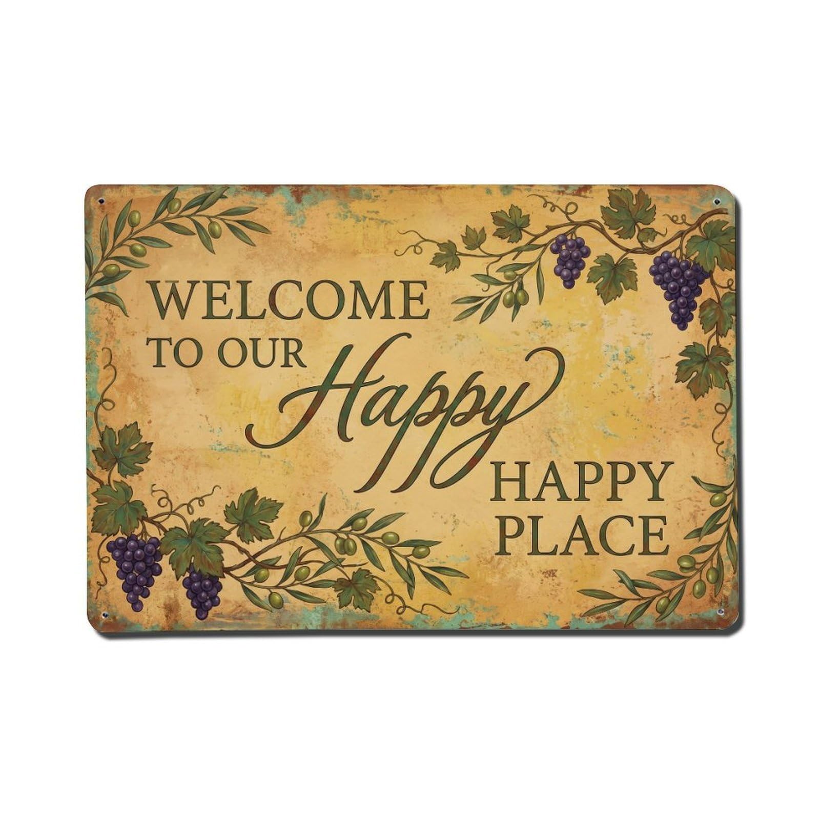 Welcome To Our Happy Place Mediterranean Home Vintage Metal Tin Sign Plaque Wall Decor for Cafe, Club, Garden Metal Poster 8x12Inch