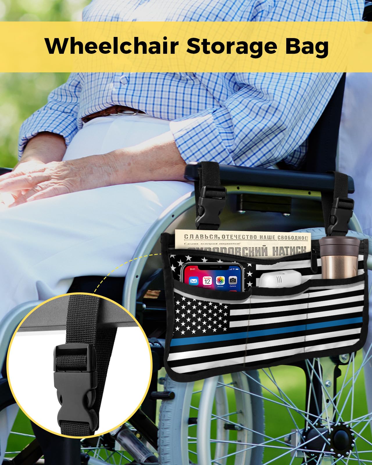Thin Blue Line Flags Wheelchair Side Bag Walker Bag, American Police Law Enforcement Wheelchair Accessories Armrest Pouch, Organizer Storage Bag for Walkers, Rollators, Scooters, 7.3''x13''