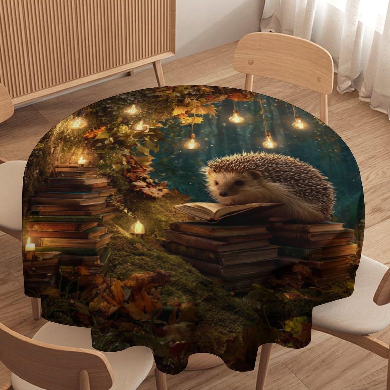 LUYYSKY Funny Oil Painting Hedgehogs Round Tablecloth Rustic Realistic Plants Trees Animals Hedgehogs Books Print Washable Decor for Table Cover for Kitchen-177.8" Wx177.8 L cm