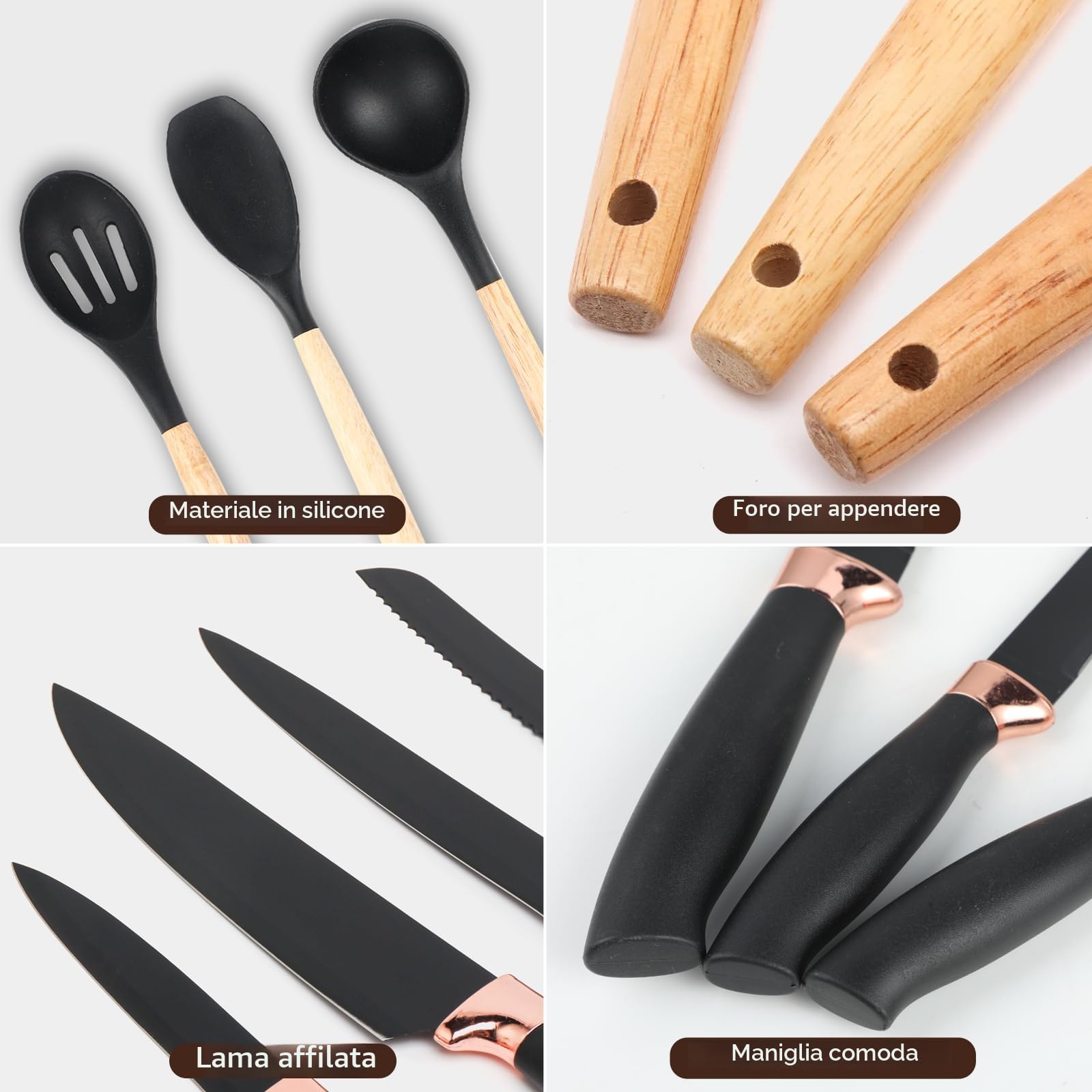 Set di 19 coltelli da cucina, in silicone, con 12 utensili da cucina, 5 coltelli, tagliere e supporto, lavabile in lavastoviglie (Nero/Bianco)