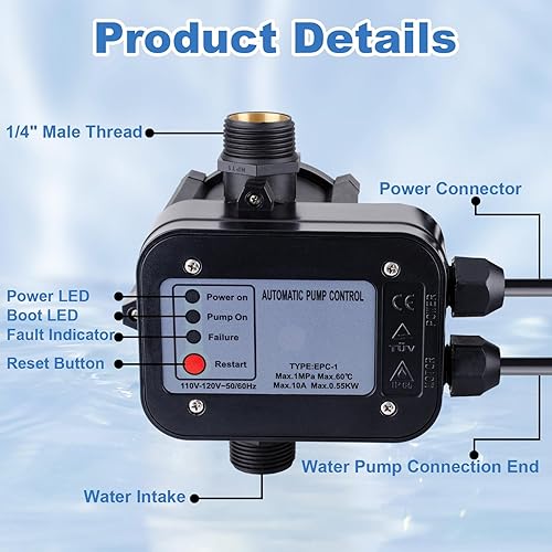 Miniatura 3 de Controlador inteligente de presión de bomba de agua, interruptor electrónico automático, rango de presión ajustable de 1.5-2.5 bar, fácil de