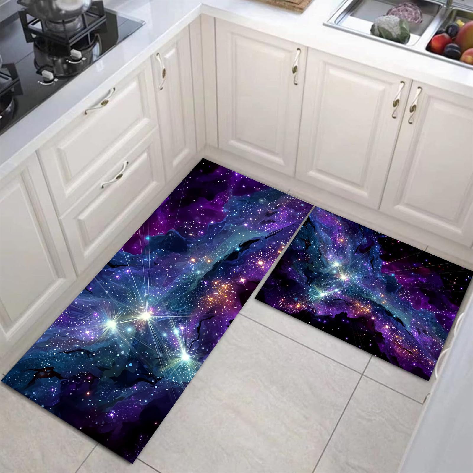 Tapis antidérapant de cuisine lavable et anti-fatigue violet grand confort en lot de 2 pièces