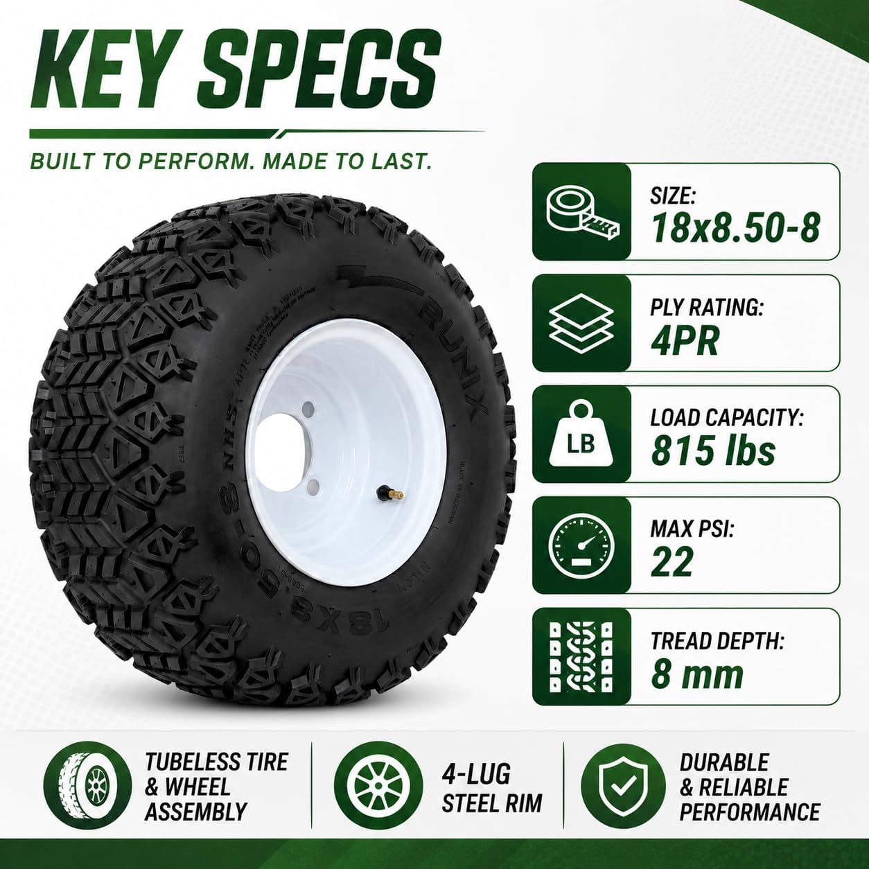 RUNIX 18x8.50-8 Lawn Mower Tire and Wheel Assembly 2 Pack, 4PR Tubeless Turf Tire, 4 Lug Steel Rim Replacement Wheel for Riding Lawn Mower, Garden Tractor, Lawn Tractor