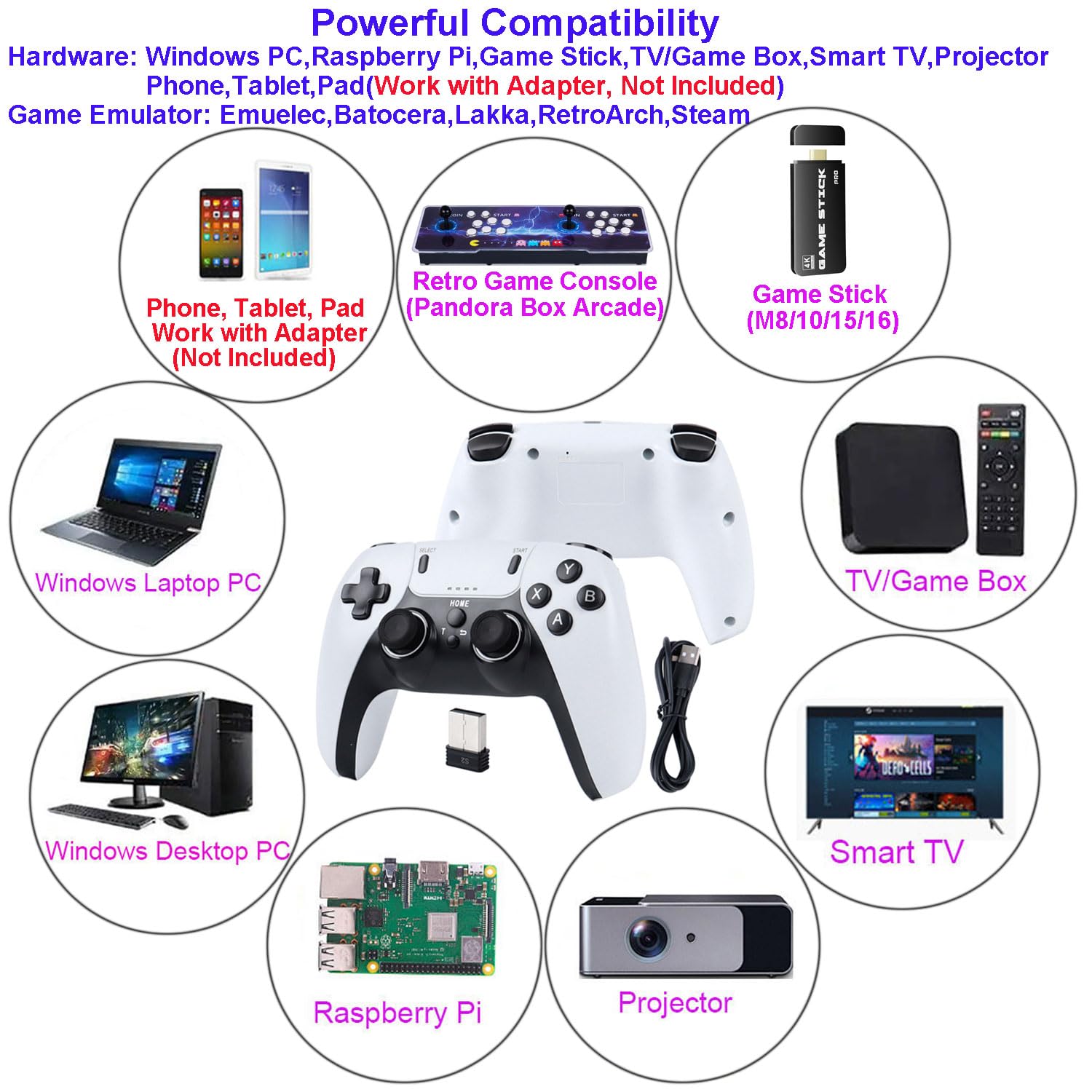 Paquete de 2 controladores inalámbricos para Windows PC/Raspberry Pi/Stick/TV/Game Box, mando a distancia recargable con Turbo para emulador de computadora portátil, Roblox, Steam, RetroPie, RecalBox