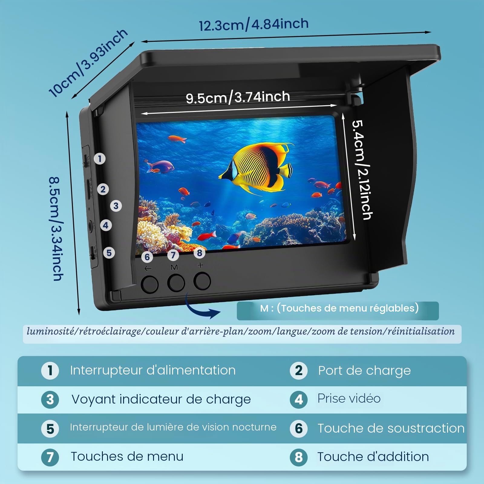 Sonar bathymètre, Fishfinder 4,3 pouces HD caméra sous-marine de pêche avec câble de 30 m, étanche IP65, batterie 5000 mAh, caméra sous-marine de pêche de nuit pour la pêche en mer, la pêche en