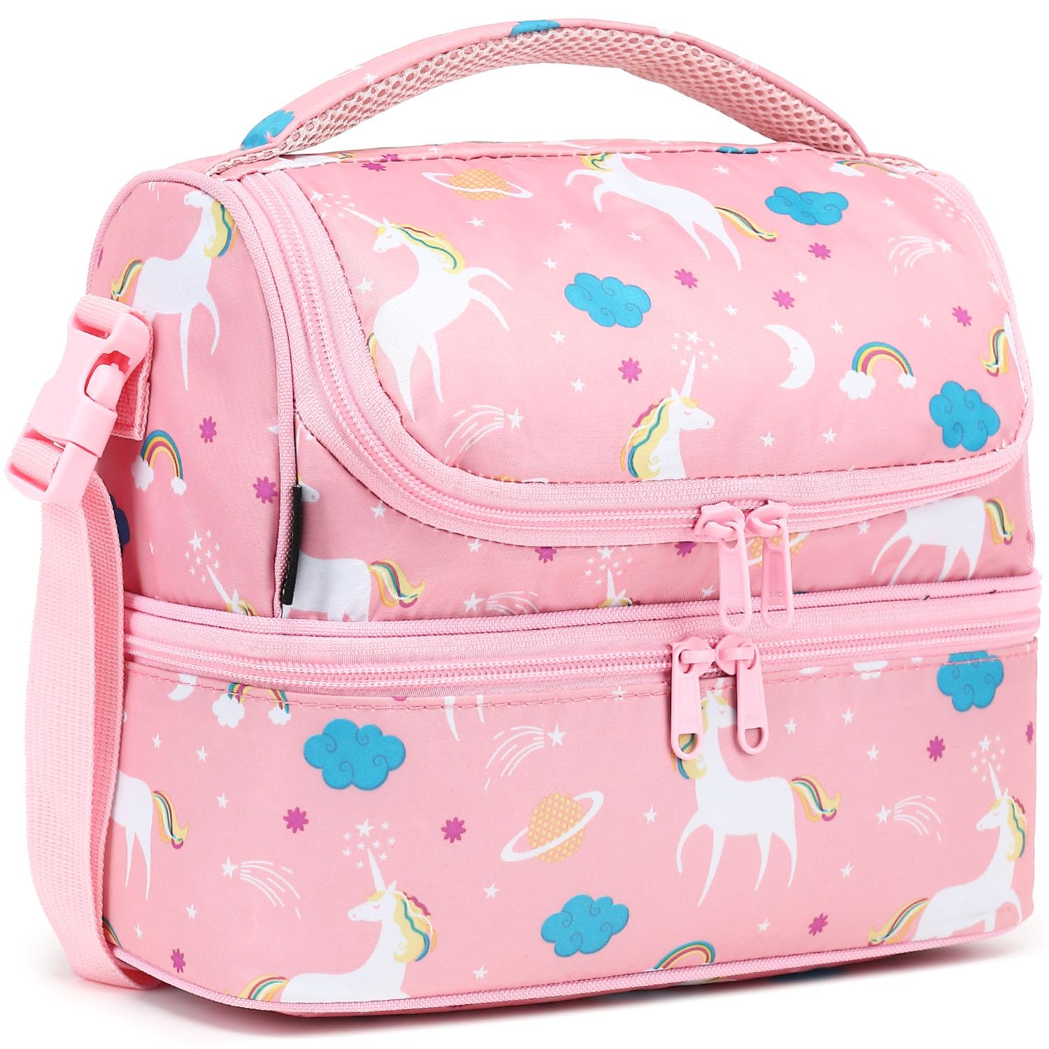 FlowFly Grand sac à déjeuner isotherme à double étage pour garçons, filles, hommes, femmes, avec sangle réglable, licorne