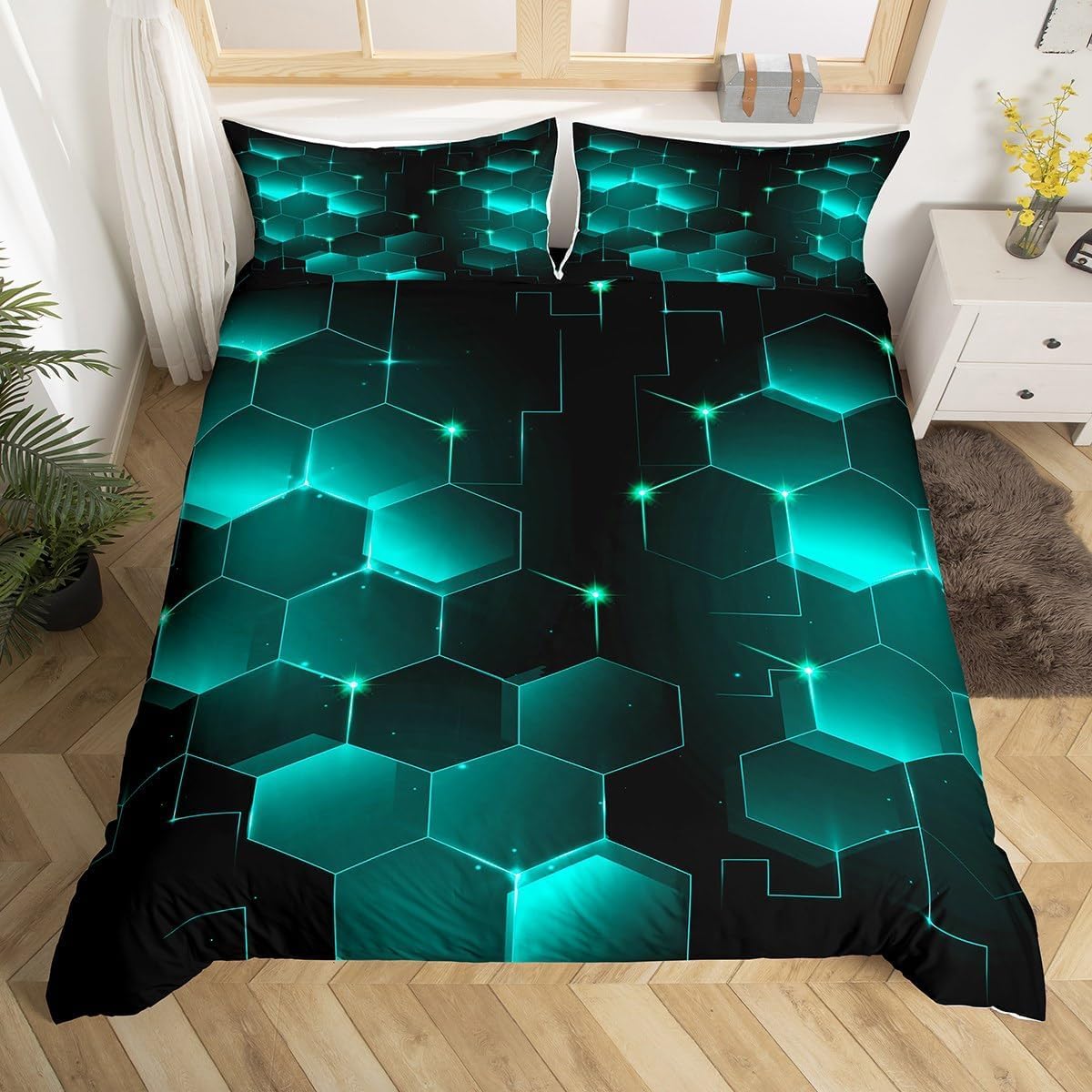 Homemissing Single Black Honeycomb Steel Bedding Set Children's and Preschool Honeycomb Hexagonal Comforter Cover Set Fluorescent Green Duvet Cover Honeycomb Geometric Set Comforter Cover Set Durable