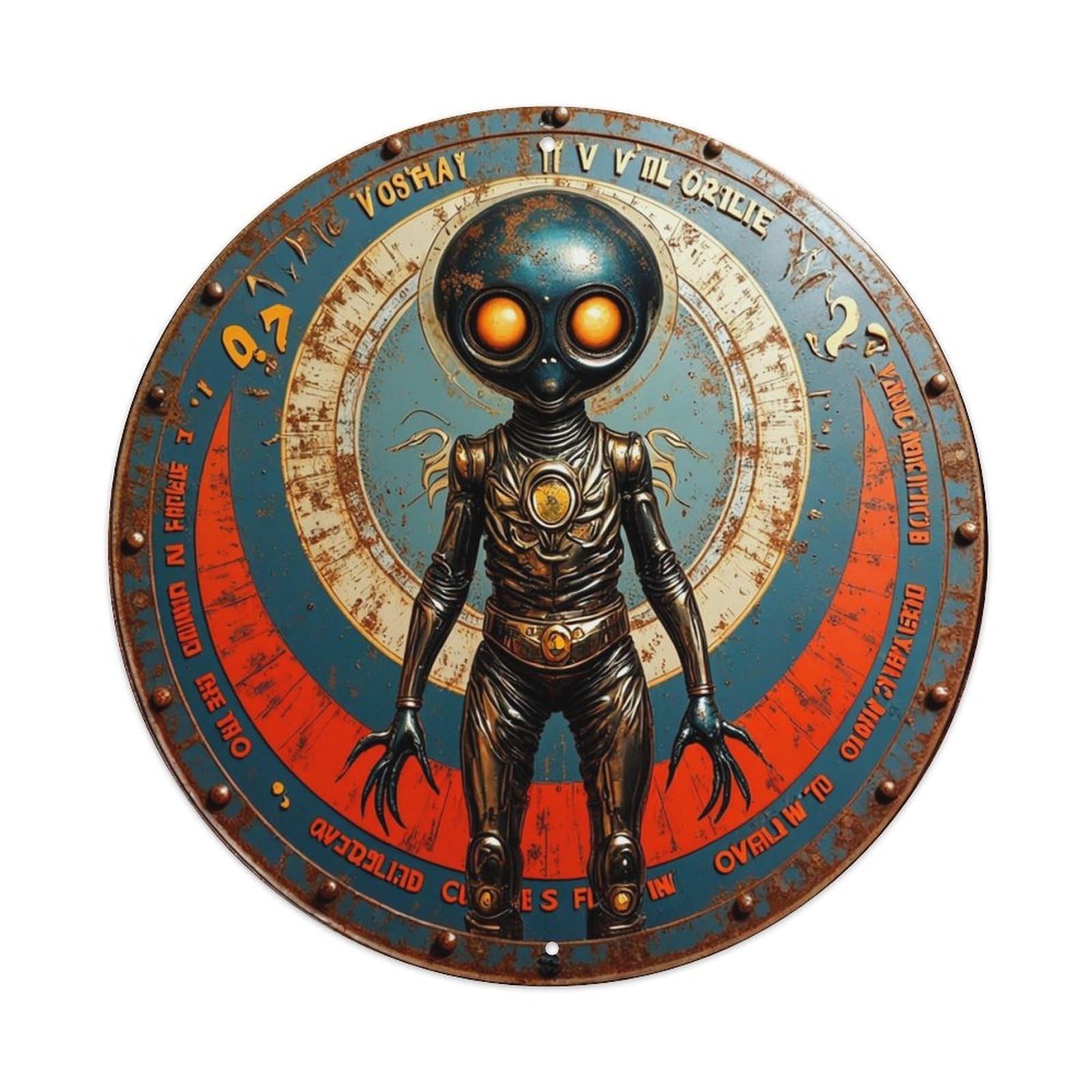 Alien Figure On Rusty Circular Dial Tin Sign Metal Poster Vintage Metal Signs for Home Man Cave Bar Cafe Kitchen laundry room Wall Decorations 8x8 inches