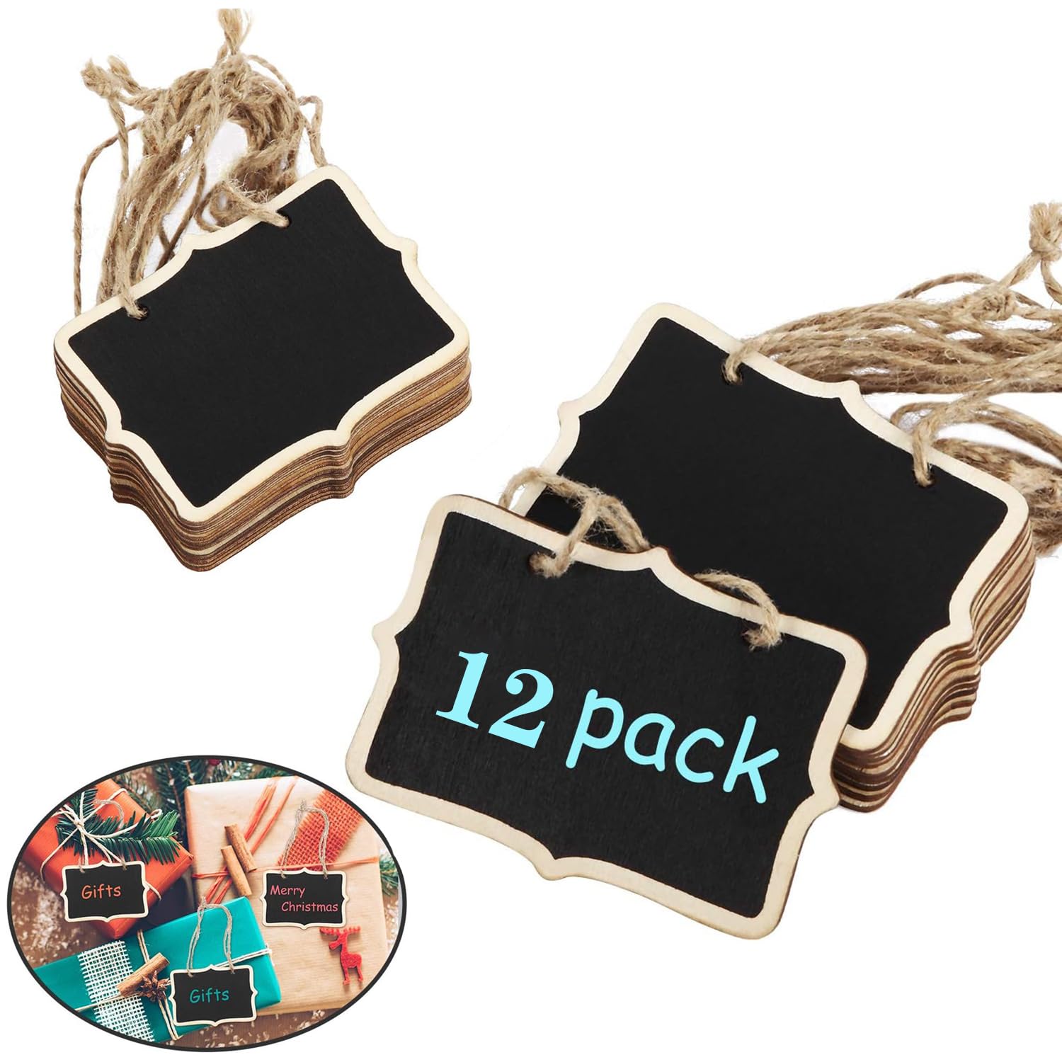 X Spring Mini Wood Chalkboard Tags, 12 Pack Hanging Sign With Lanyard, Rectangle Small Board for School Message, Wedding, Birthday Party, 8.5x6x0.22cm