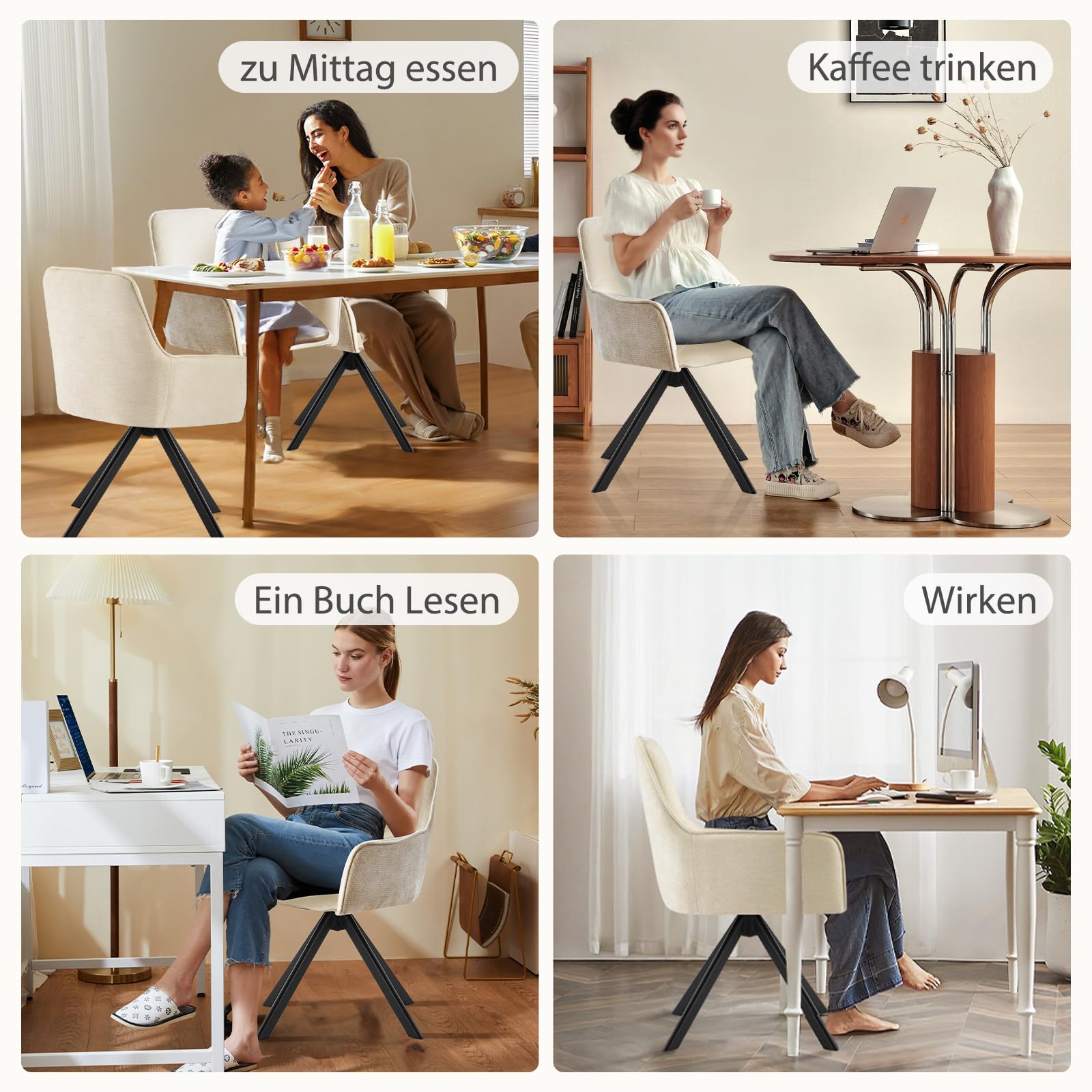 Esszimmerstühle Drehbar mit Armlehne 2er Set, 360°Drehbar Polsterstuhl Küchenstuhl aus Chenille, Stühle Esszimmer Schminkstuhl mit Metallbeine für Esszimmer Küche Schlafzimmer, Beige