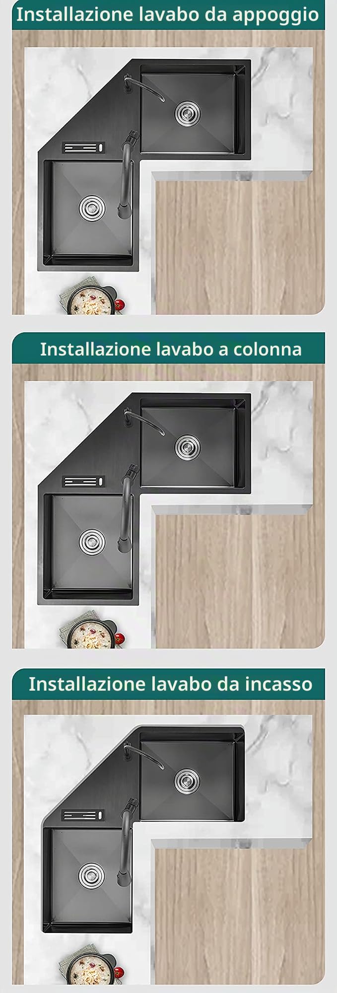 Lavello da Cucina ad Angolo Nano, Lavastoviglie a Doppio Lavello, Forma a L ad Angolo Ispessito, Lavello Multifunzionale con Portacoltelli