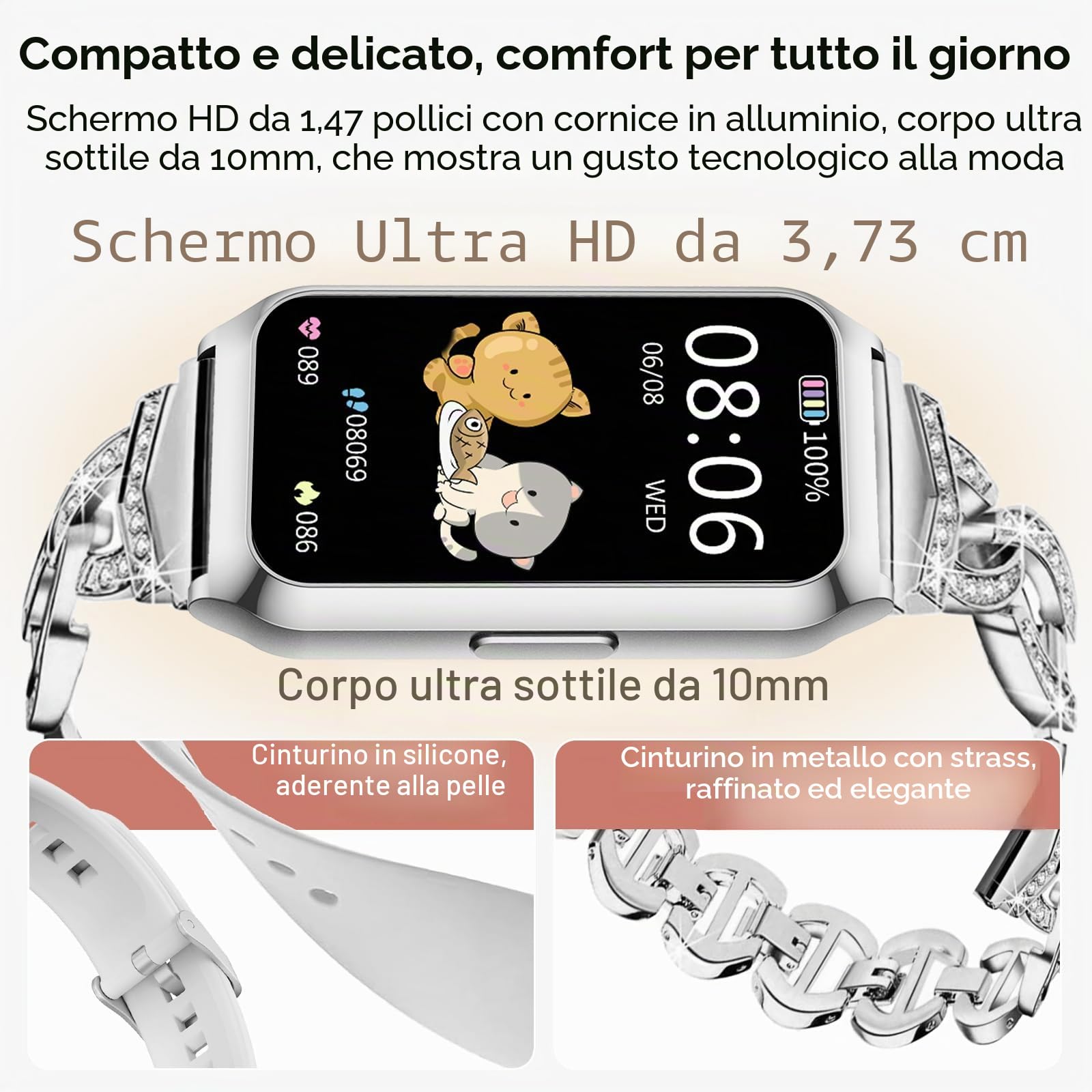 Smartwatch Donna con Cassa in Alluminio, Batteria Fino a 7 Diorni, 1.47" HD Smart Watch con Sonno SpO2 Cardiofrequenzimetro, 25 Sportive, Impermeabil IP68 Orologio Fitness per Android iOS