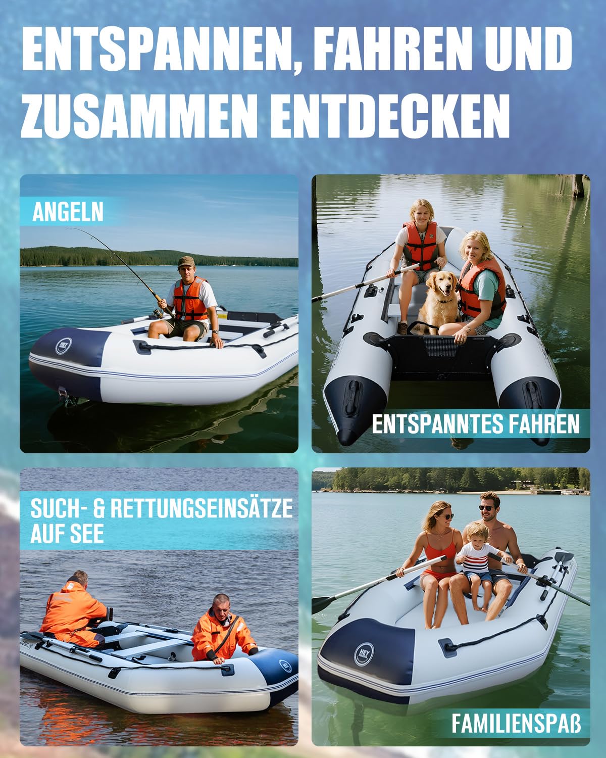 Hey Marina Schlauchboot Aufblasbares 3 m für 3–4 Personen – Wave, Motor geeignet, Freizeitboot, Paddelboot, Angelboot – Mit 2 Sitzbänken, Drop-Stitch-Boden, Paddel, Pumpe, Reparaturset & Tasche