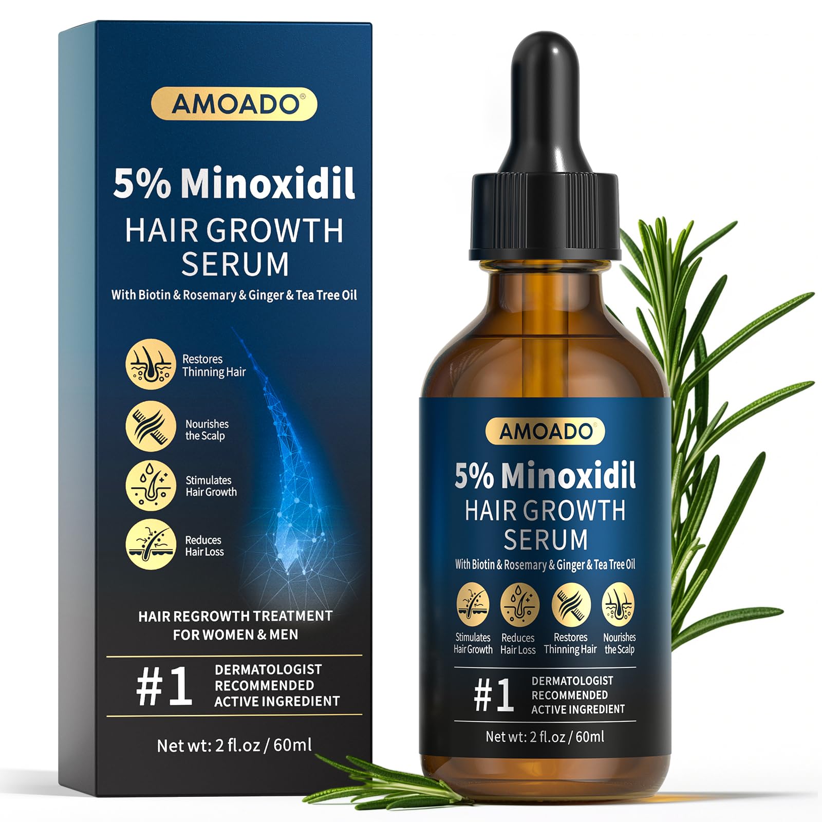 5% Minoxidil for Men and Women Hair Growth, AMOADO Minoxidil Serum with Rosemary&Biotin for Hair Regrowth, Beard Growth, Extra Strength,Thicker,