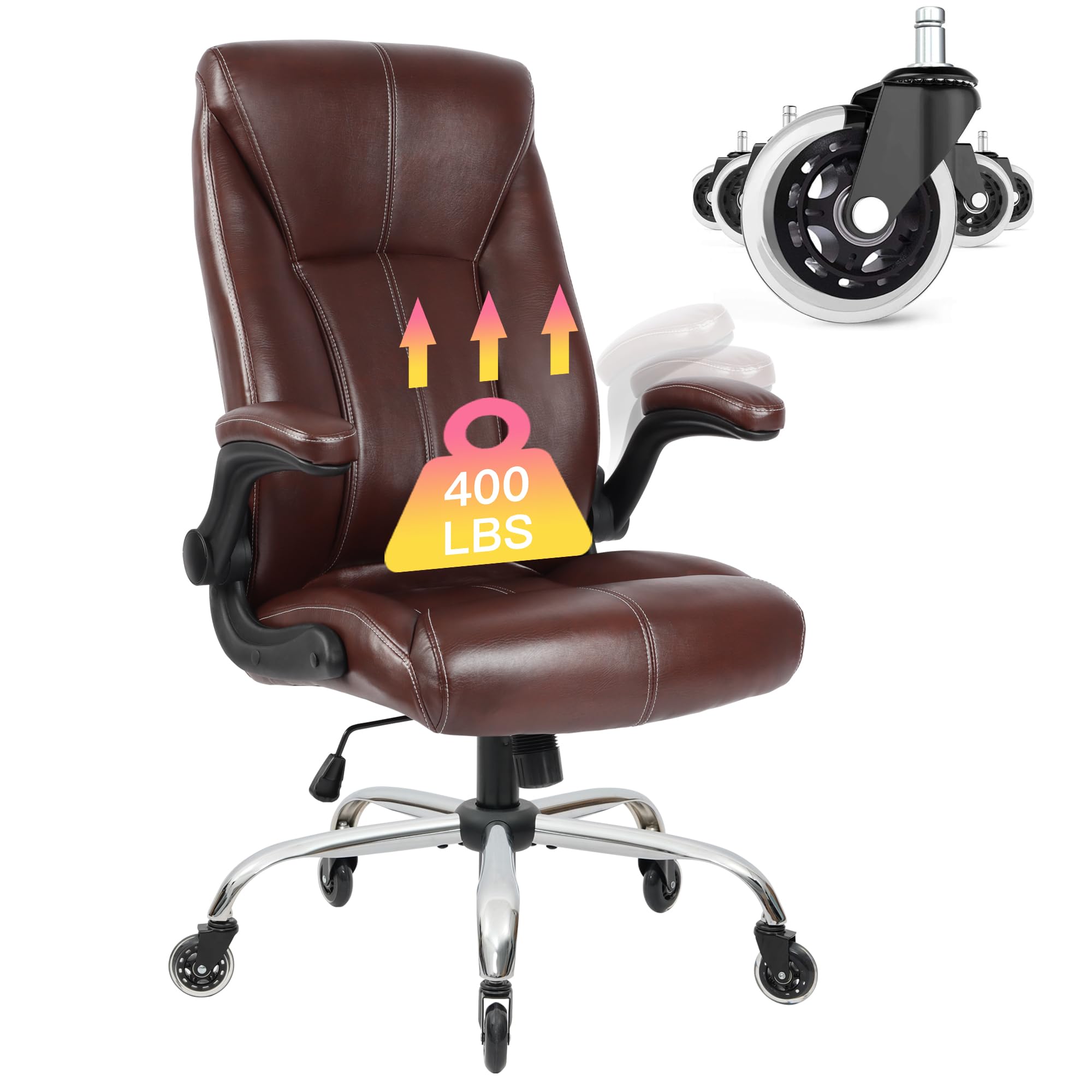 Big and Tall Office Chair for Heavy People, Executive Desk Computer Chair Adjustable Flip-up Armrests, PU Leather Swivel Task Chair with Ergonomic