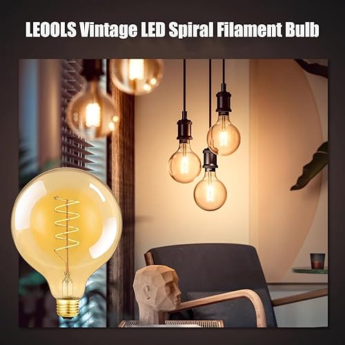 Miniatura 4 de Leools Bombilla de filamento LED vintage en espiral G125, regulable, sin parpadeo, 6 W, CRI95, bombilla LED Edison con base E26, vidrio ámbar,