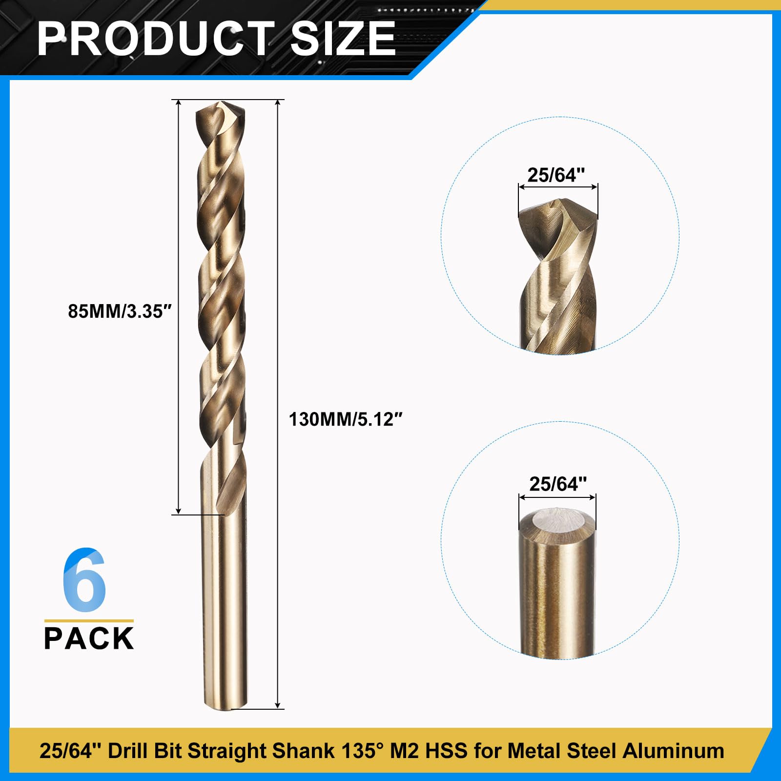 PATIKIL 9.9mm Drill Bit 25/64", Jobber Straight Shank M2 High-Speed Steel 135° Gold Finish for Stainless Steel Hard Metal - 6 Pack - Image 2