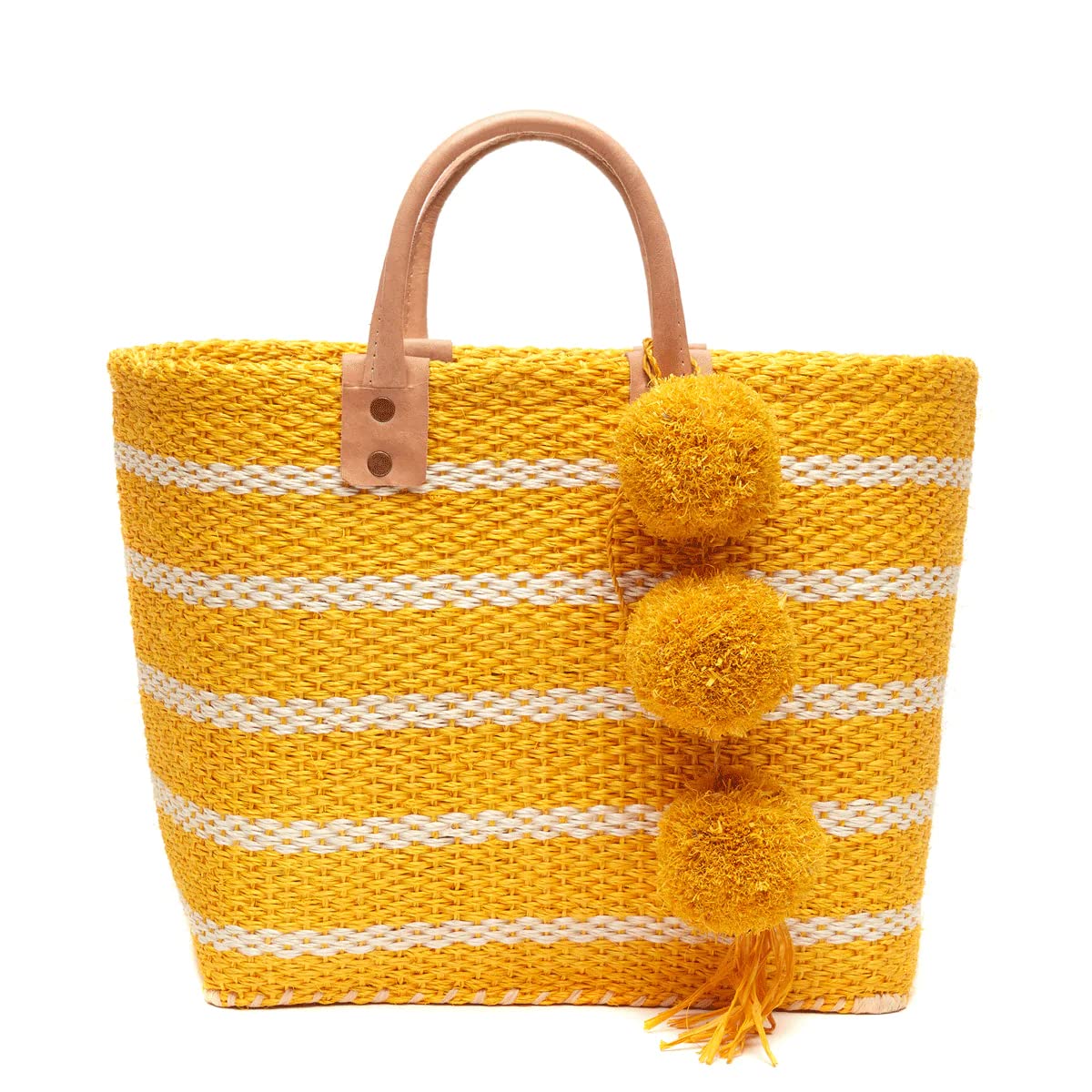 Tybee Striped Market Tote Bag Pom Pom, Natural/Sunflower Yellow