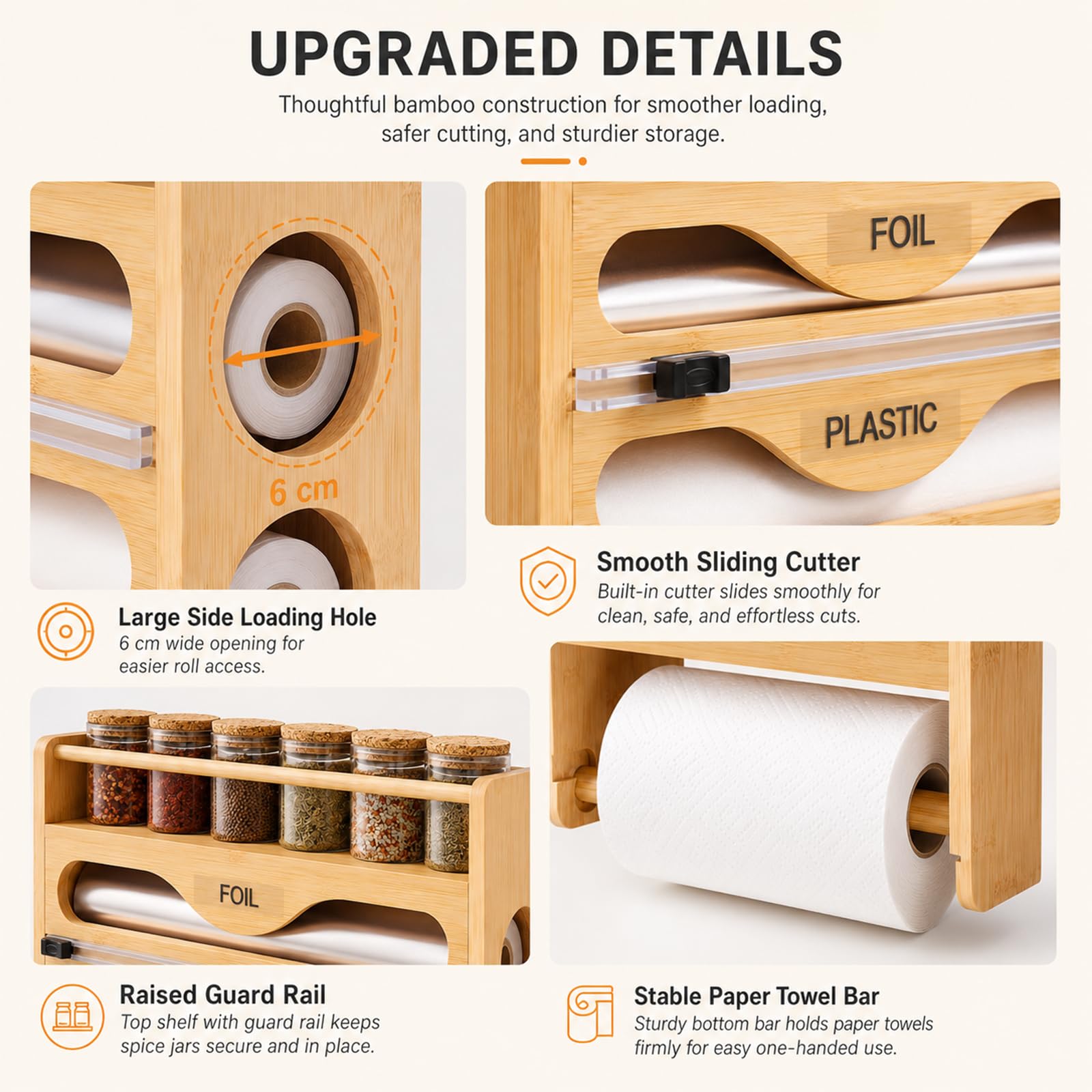 Distributeur de film avec cutter, porte-rouleau de cuisine mural en bois