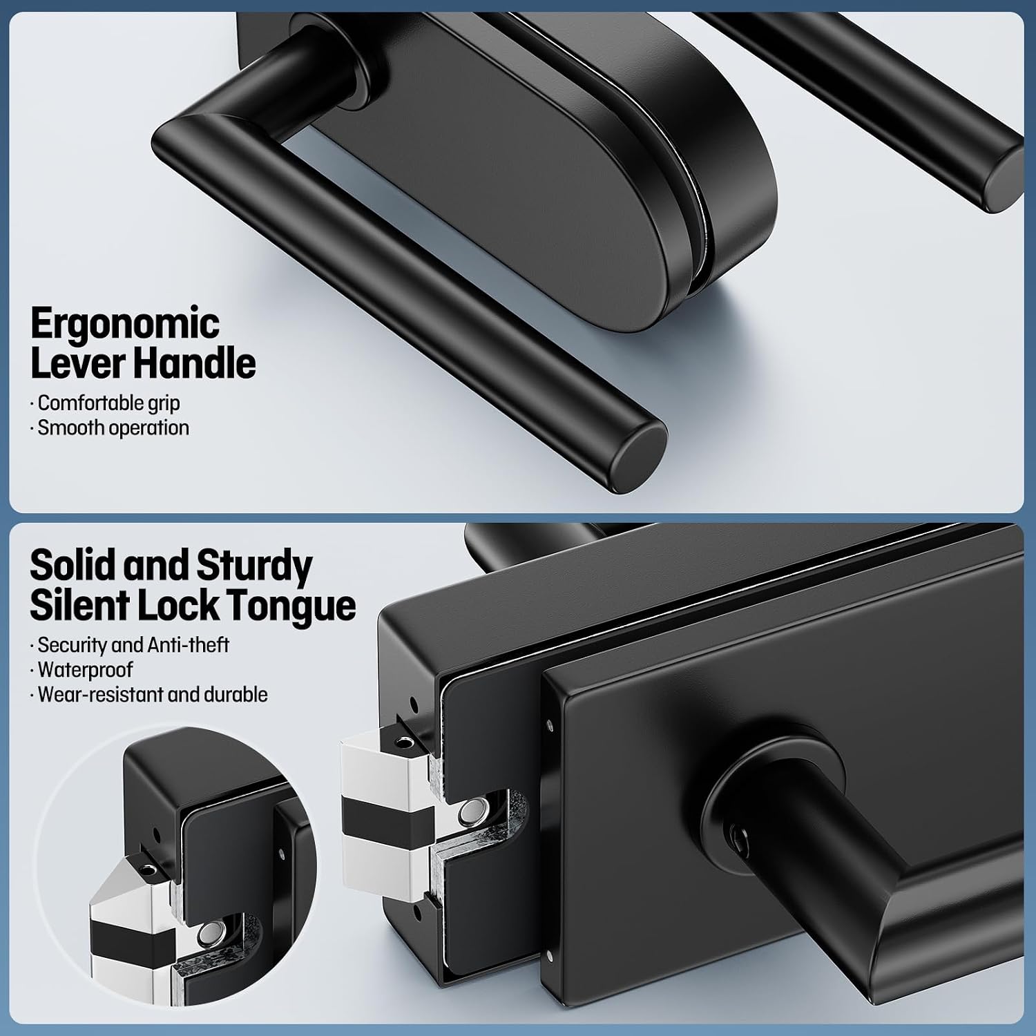 Ranbo Frameless Glass Door Passage Lock with Lever Handles, Matte Black