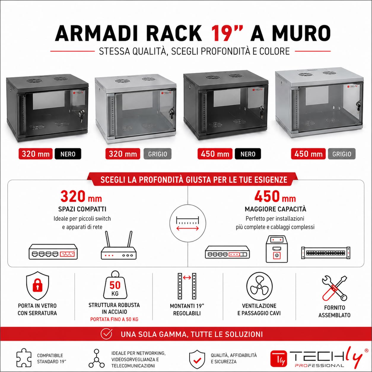 Techly Professional 023592 Armadio Rack 19" a Muro 6U Prof. 320 Nero Assemblato Nero