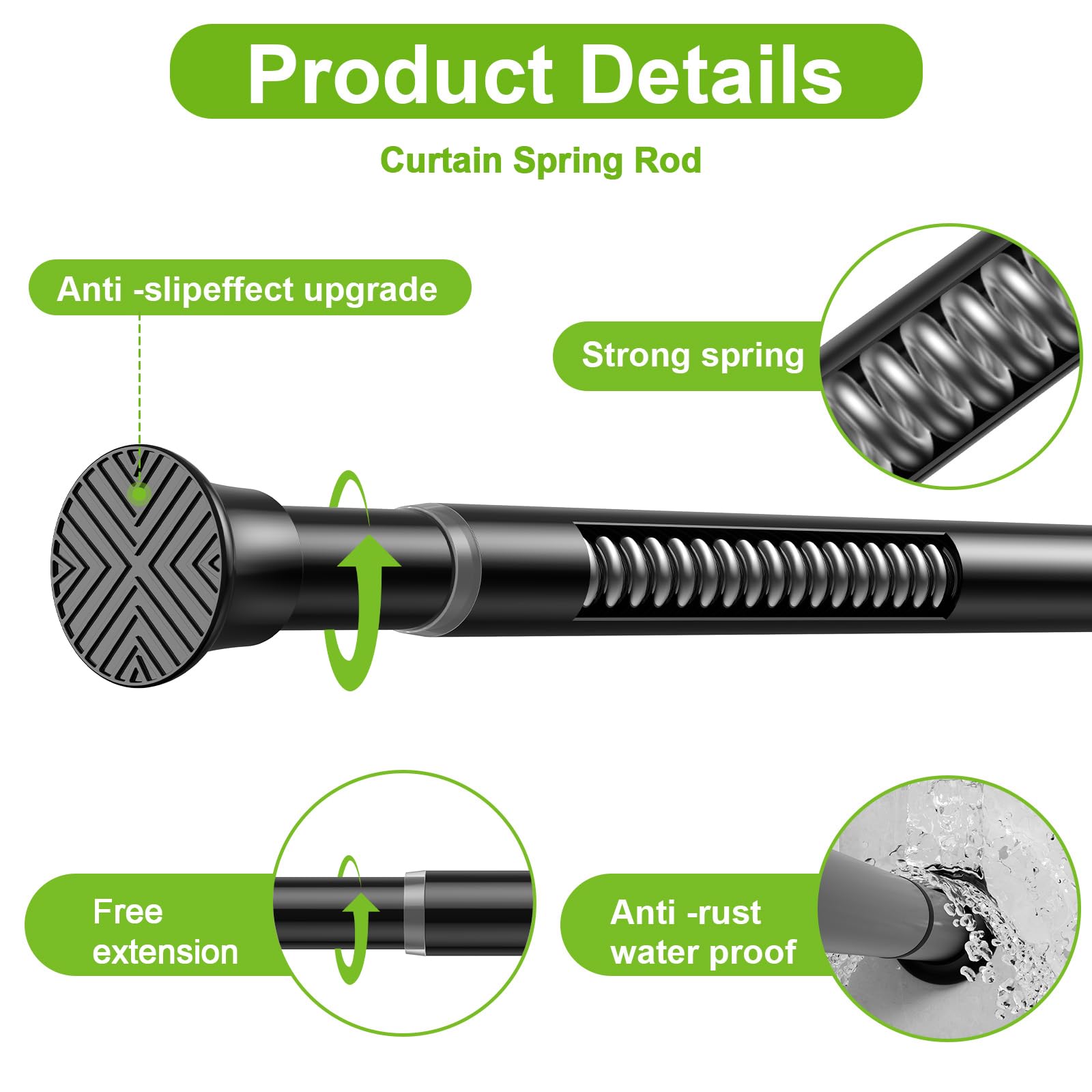 2Pcs Tension Rod 58-120cm Extendable Curtain Poles Black Adjustable Tension Rods for Curtains Shower Curtain Pole No Drilling Spring Tension Rod for Window,Wardrobe and Bathroom - Image 3