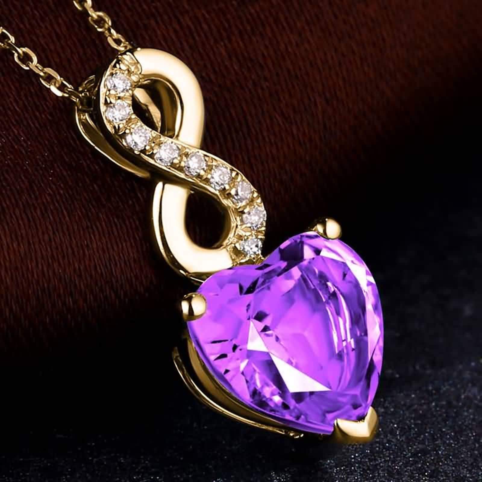 Collares para mujer de oro de 18 quilates, collar de oro amarillo real para mujer, amatista en forma de corazón y diamante creado en laboratorio, colgante de 1,68 quilates