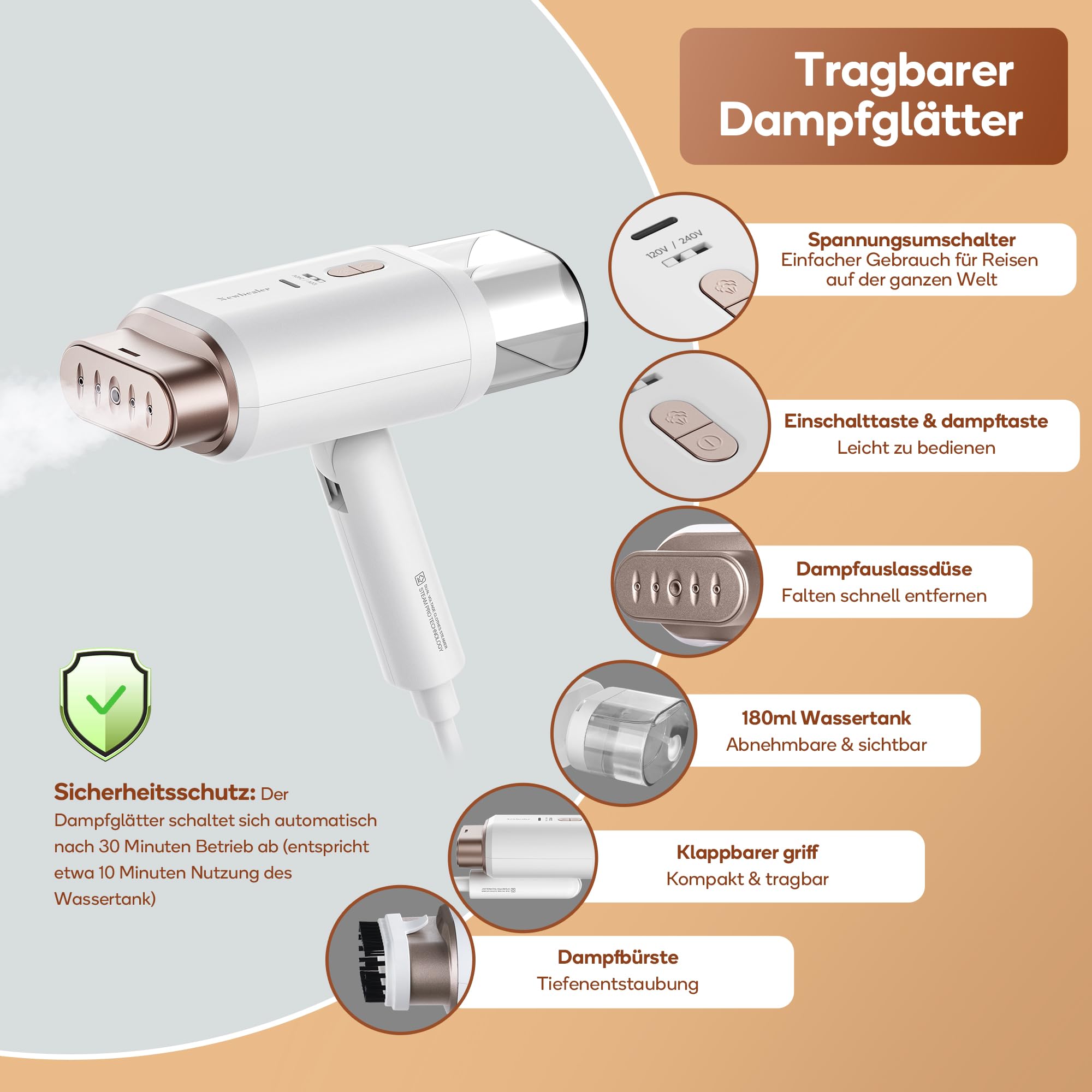 Newbealer Steamer Reise Dampfglätter, 2-in-1 Reisebügeleisen mit umschaltbarer Spannung - 220V/120V, 20s Schnelles Aufheizen, 1200W Klein & Leicht Dampfglätter für Globale Reise und Urlaub, Weiß